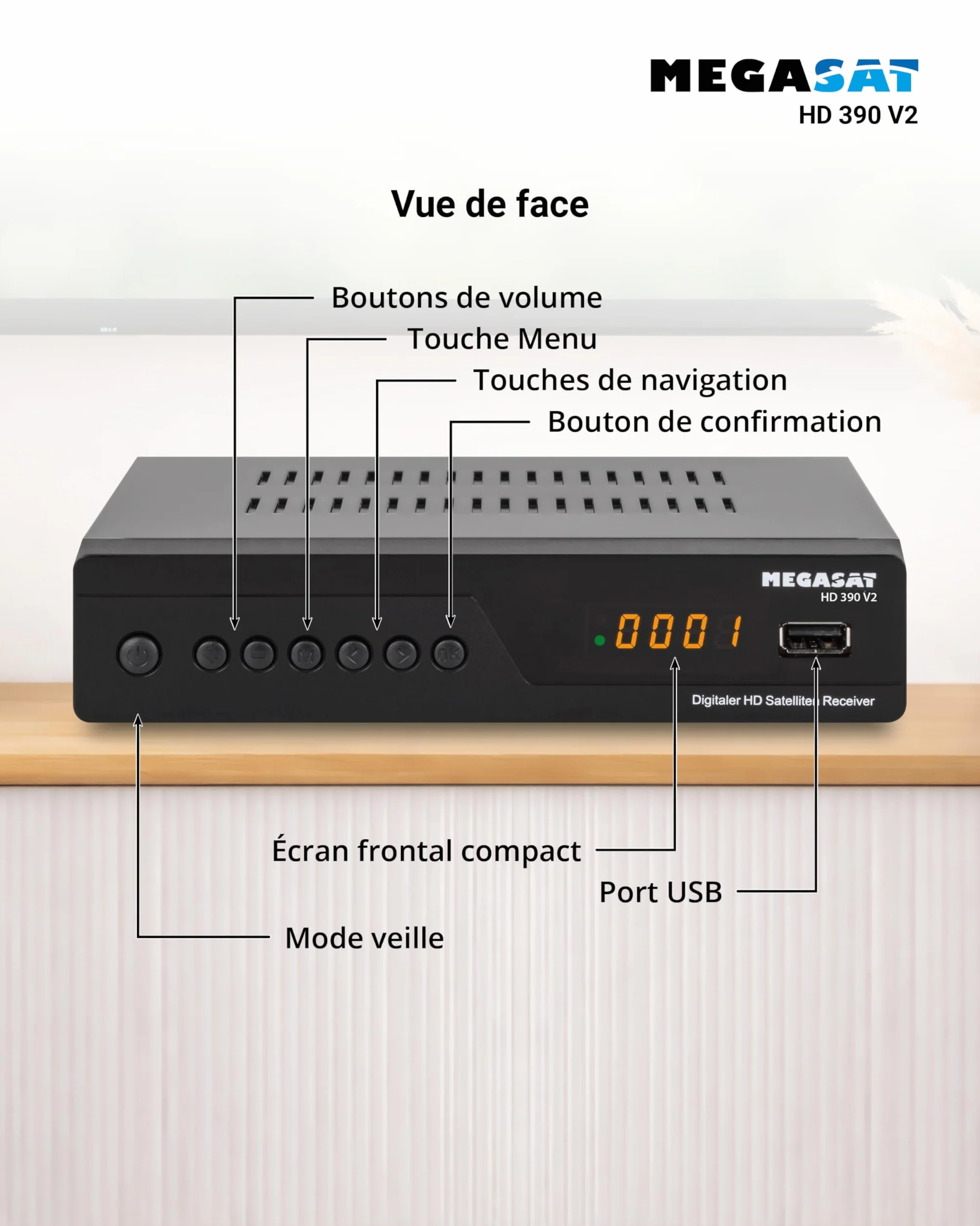 Megasat HD 390 – Récepteur Satellite HD (DVB-S/DVB-S2, Lecteur multimédia, HDMI, Péritel, 2 × USB, écran) – Noir