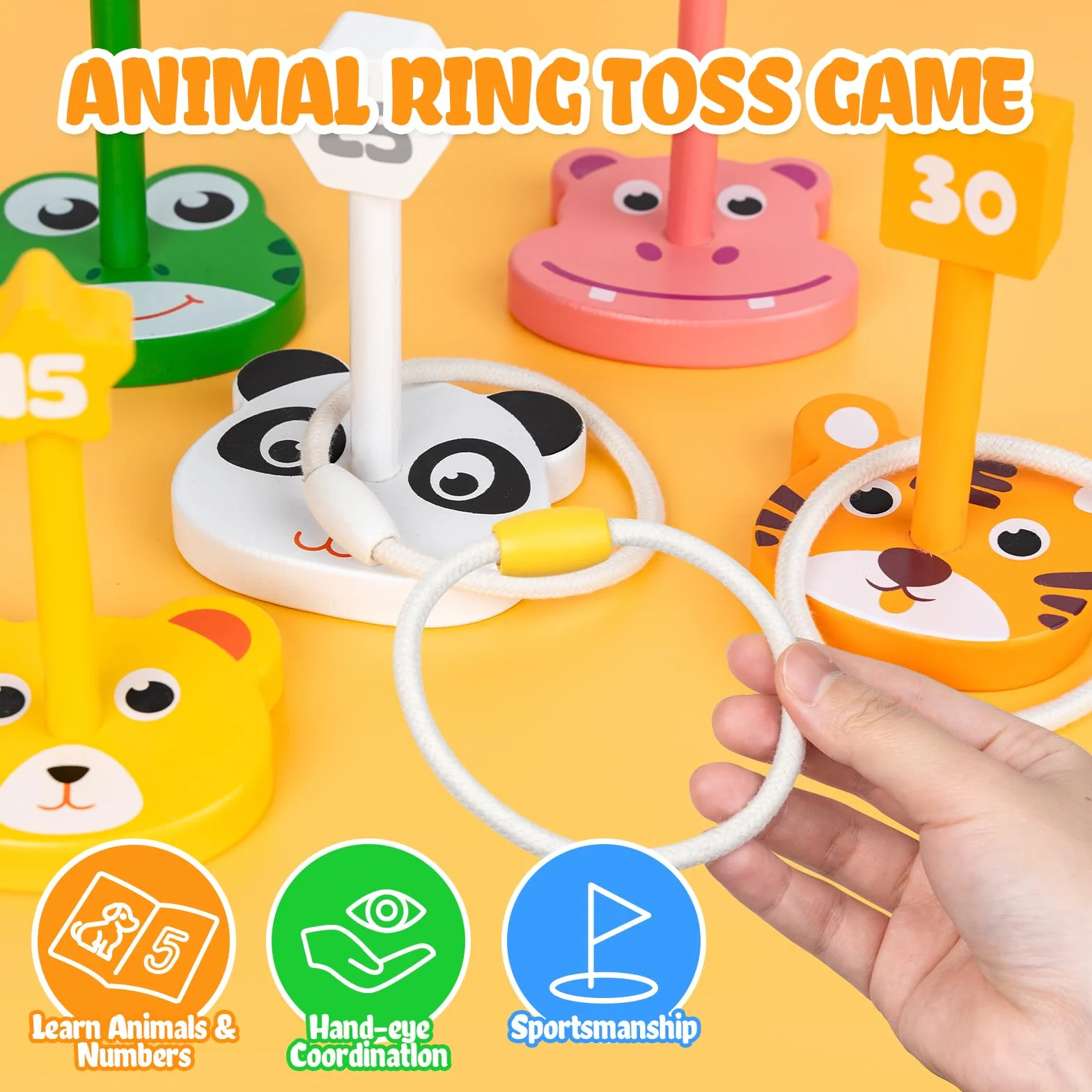 Jeu de Lancer d'Anneaux en Bois pour Enfants, Jeu d'Extérieur avec 5 Baguettes et 5 Anneaux