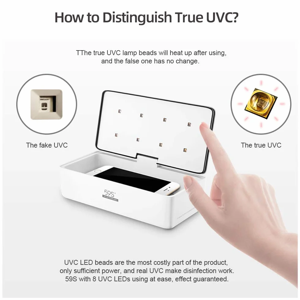 59S UV Stérilisateur LED Box avec 8 perles Lampe de Stérilisation Rapide 99,9%, Adaptée aux Téléphones Portables, à l'esthétique, aux Outils de Beauté et aux Soins Personnels