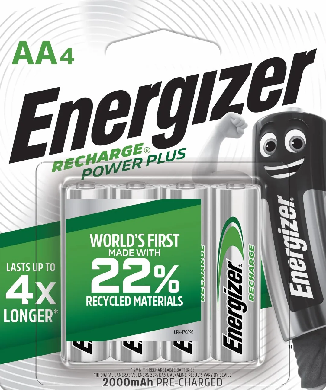 Energizer Recharge Power Plus Piles Rechargeables AA Lot de 4