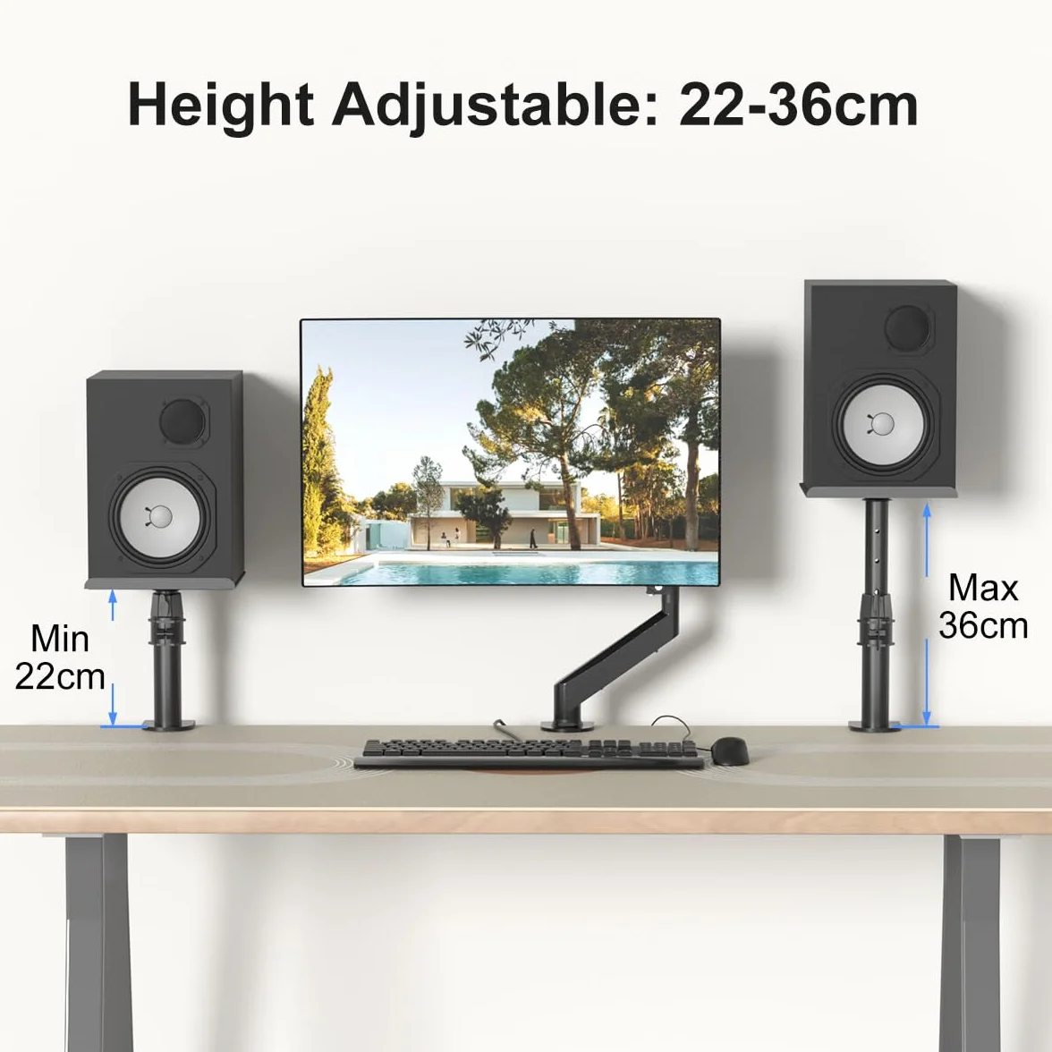 Suptek Supports d'enceintes à Pince pour Bureau, Réglables en Hauteur, Inclinables et Pivotants, Plateaux 24,4 x 22,4 cm, Supports Universels pour Enceintes PC et Bibliothèque, Lot de 2, Noir, SDM001B