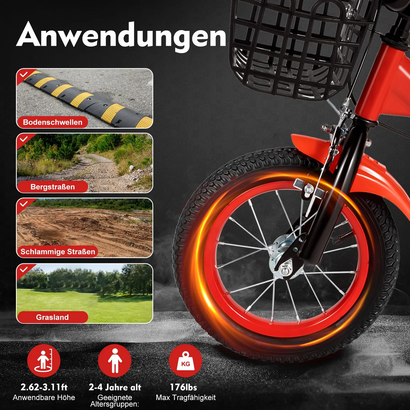 Vélo enfant 12 pouces avec roues stabilisatrices Rouge/jaune/bleu