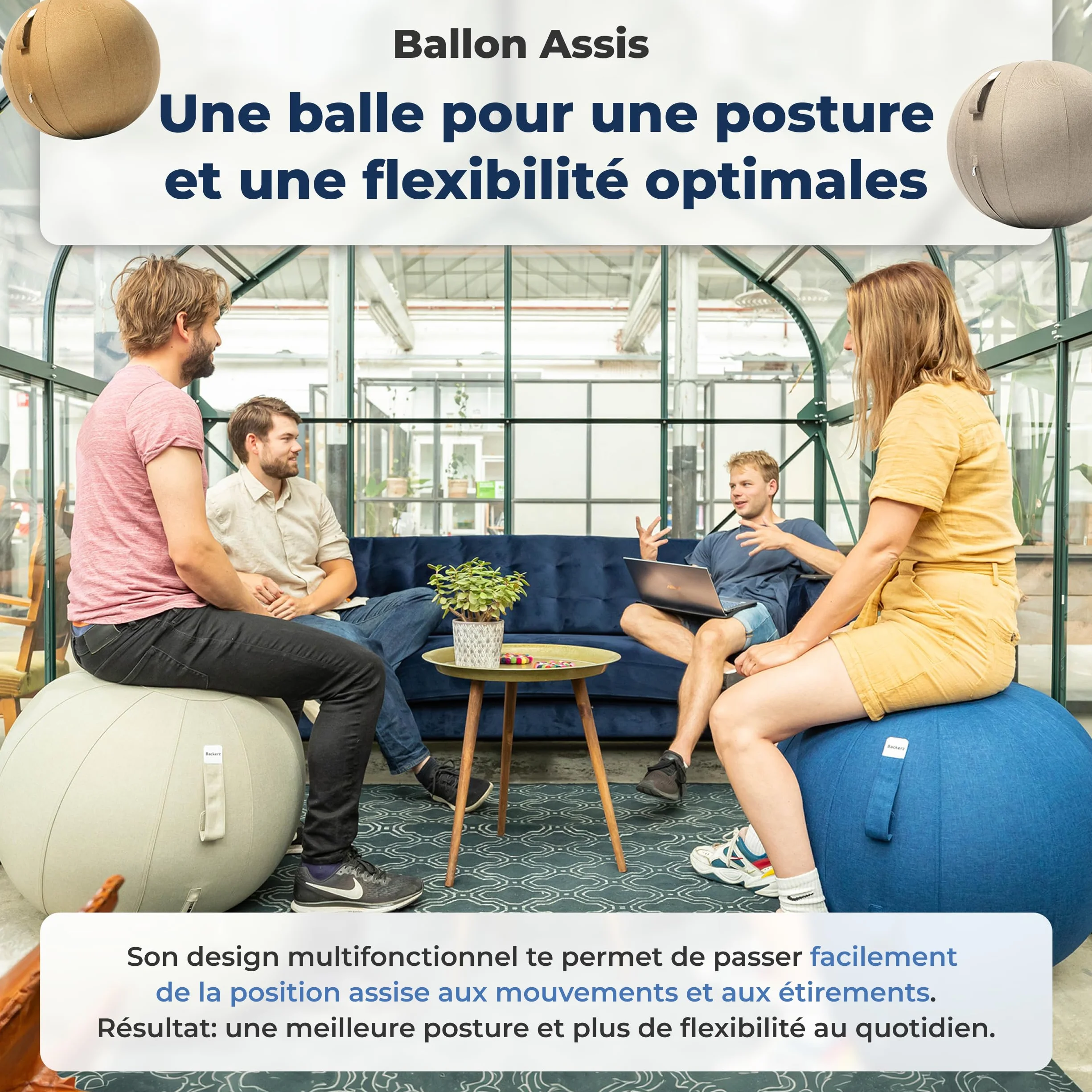 Ballon Ergonomique Bureau 55CM 65CM 75CM Capacité 110kg Housse Lin Lavable Bonne Posture