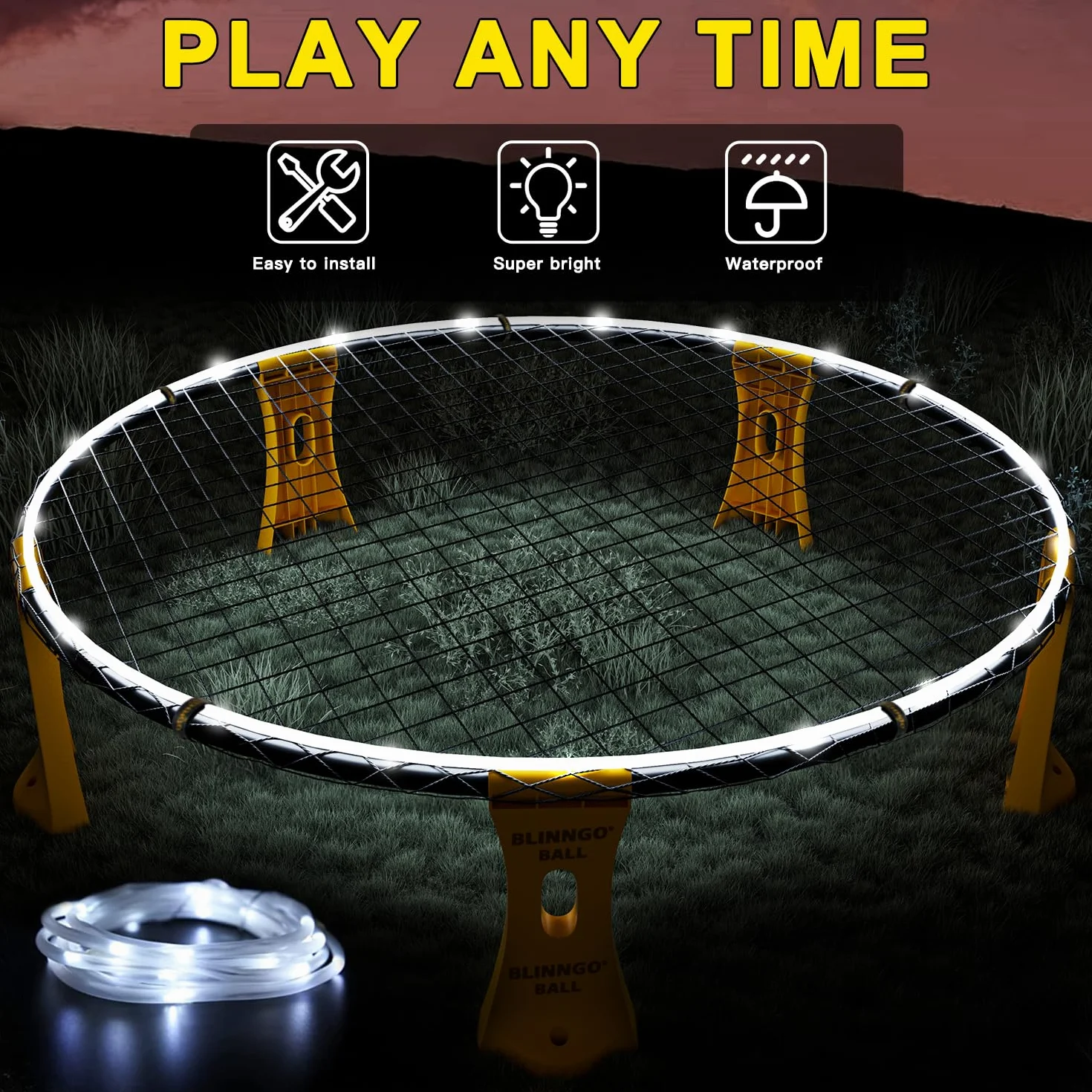 Ensemble de jeux d'extérieur Roundnet avec lumières, 3 balles, filet de jeu, filet de compétition, sac, pompe