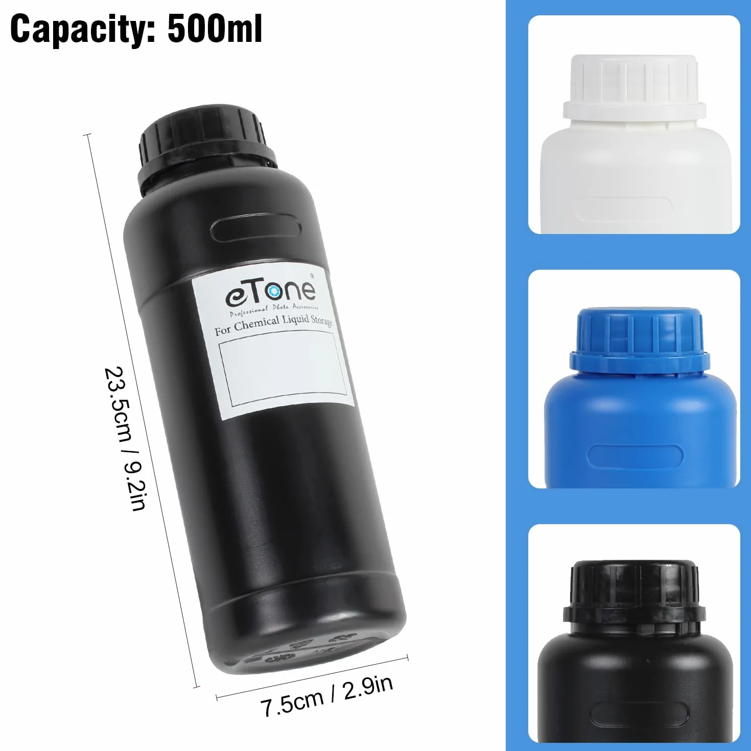3X 500ml Bouteille en Plastique de Stockage de Produits Chimique de Laboratoire Chambre Noire pour développement de Films. (3X Noir)
