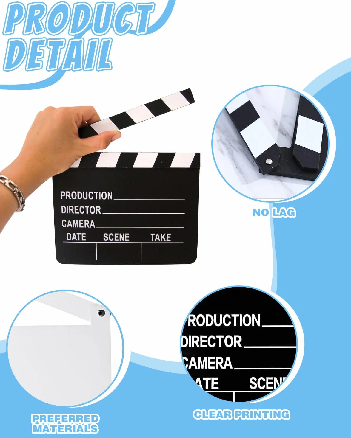 1 clap de cinéma en carton, 20 x 18 cm, clap de réalisateur, tableau de tournage, couverture à rabat, notes de scène, couverture effaçable, accessoire de tournage (noir et blanc)