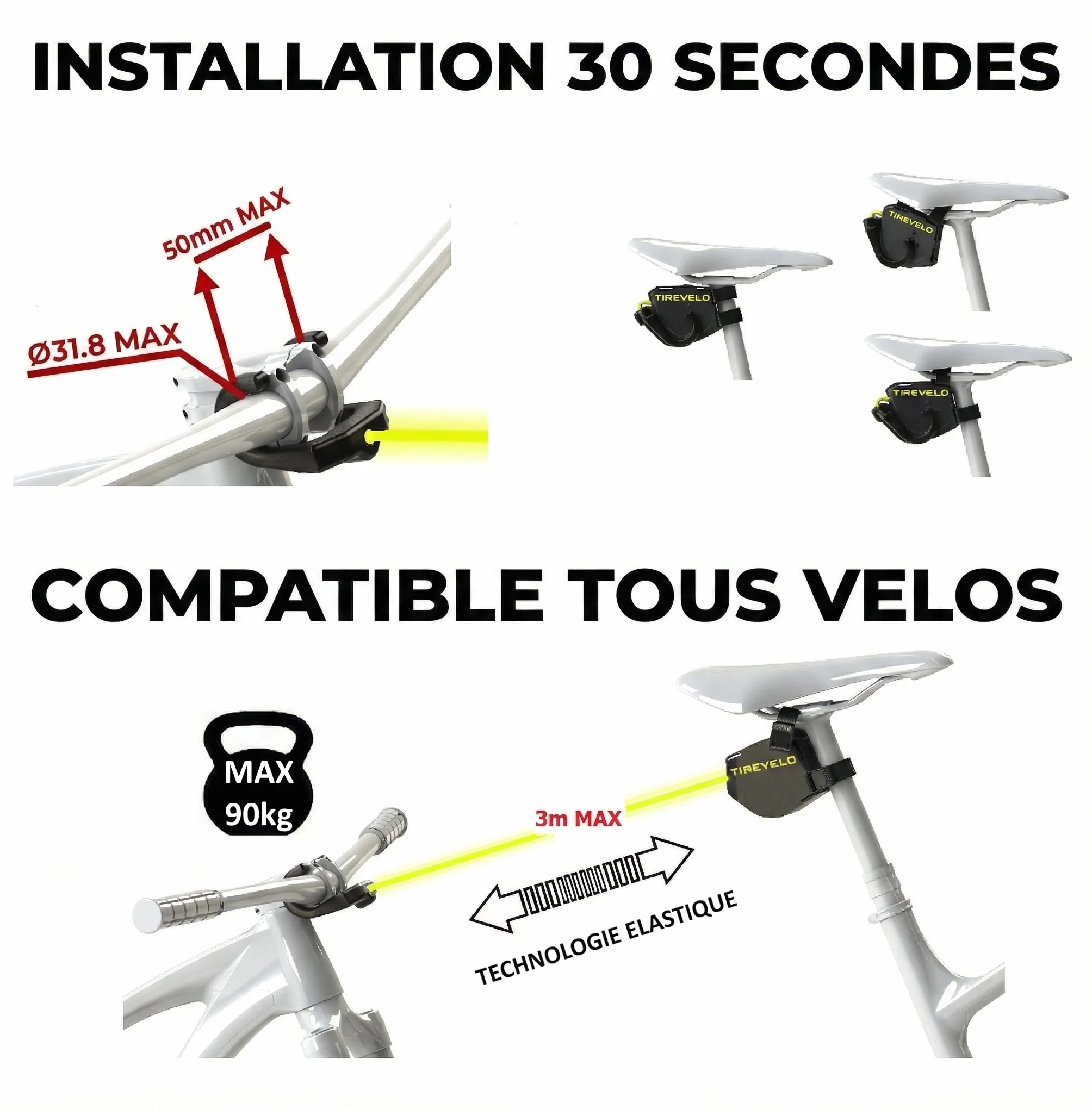Système de remorquage vélo Enfant/Adulte 90 kg Enrouleur Compact Sangle élastique 3 m Installation Rapide 30 s France
