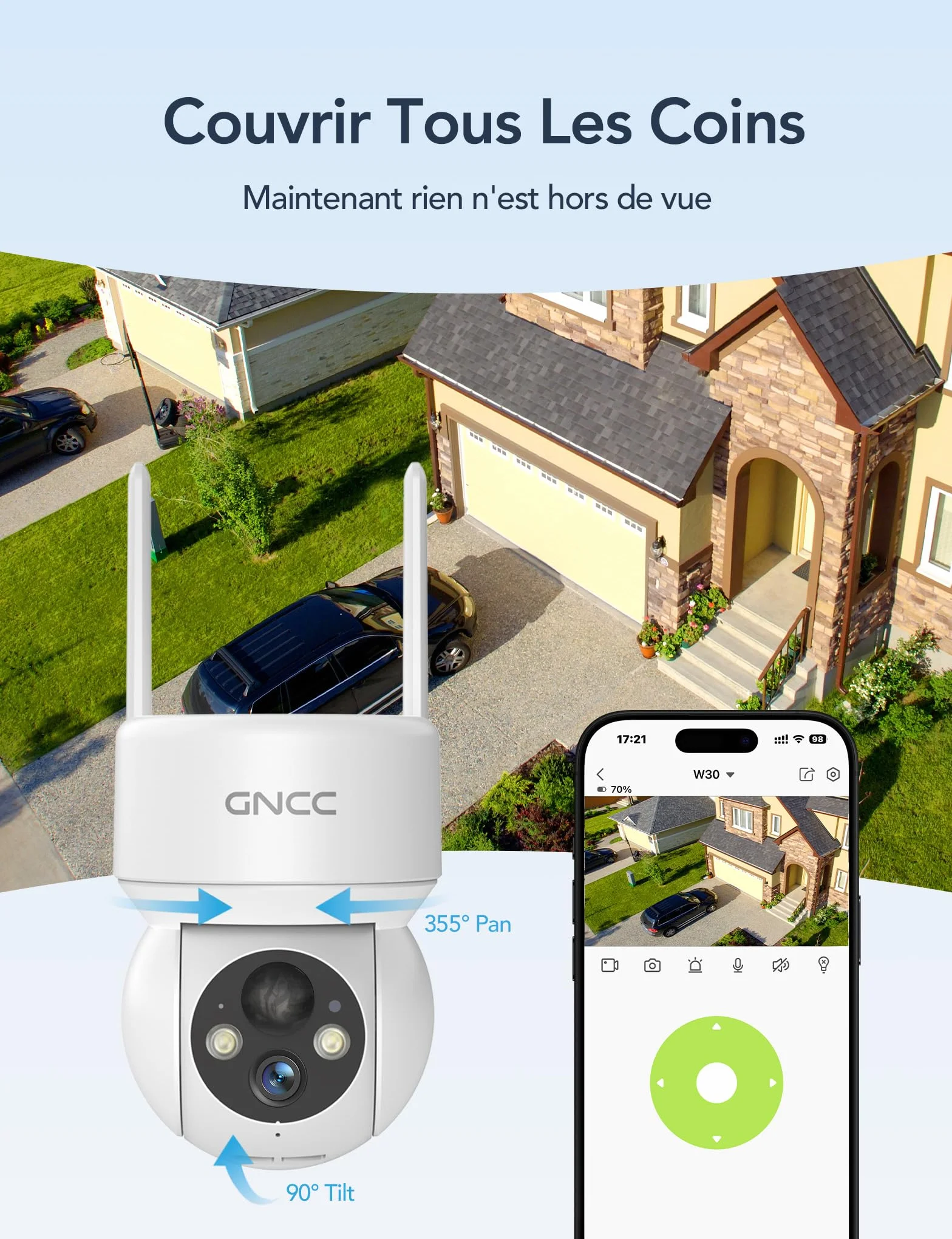 GNCC Camera Surveillance WiFi Exterieure sans Fil Panneau Solaire 360° PTZ 2MP Détection Humaine PIR Vision Nocturne Couleur Audio Bidirectionnel 2,4G