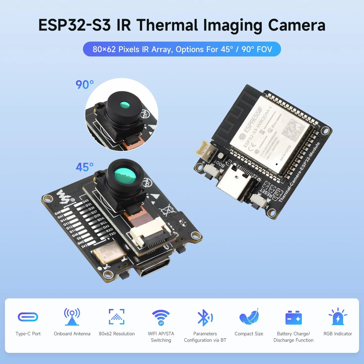 Waveshare ESP32-S3 Infrared Wireless IR Thermal Imaging Camera Module, Type-C Port, 80x62 Array Pixels Basic Version 45 ° Field of View Angle