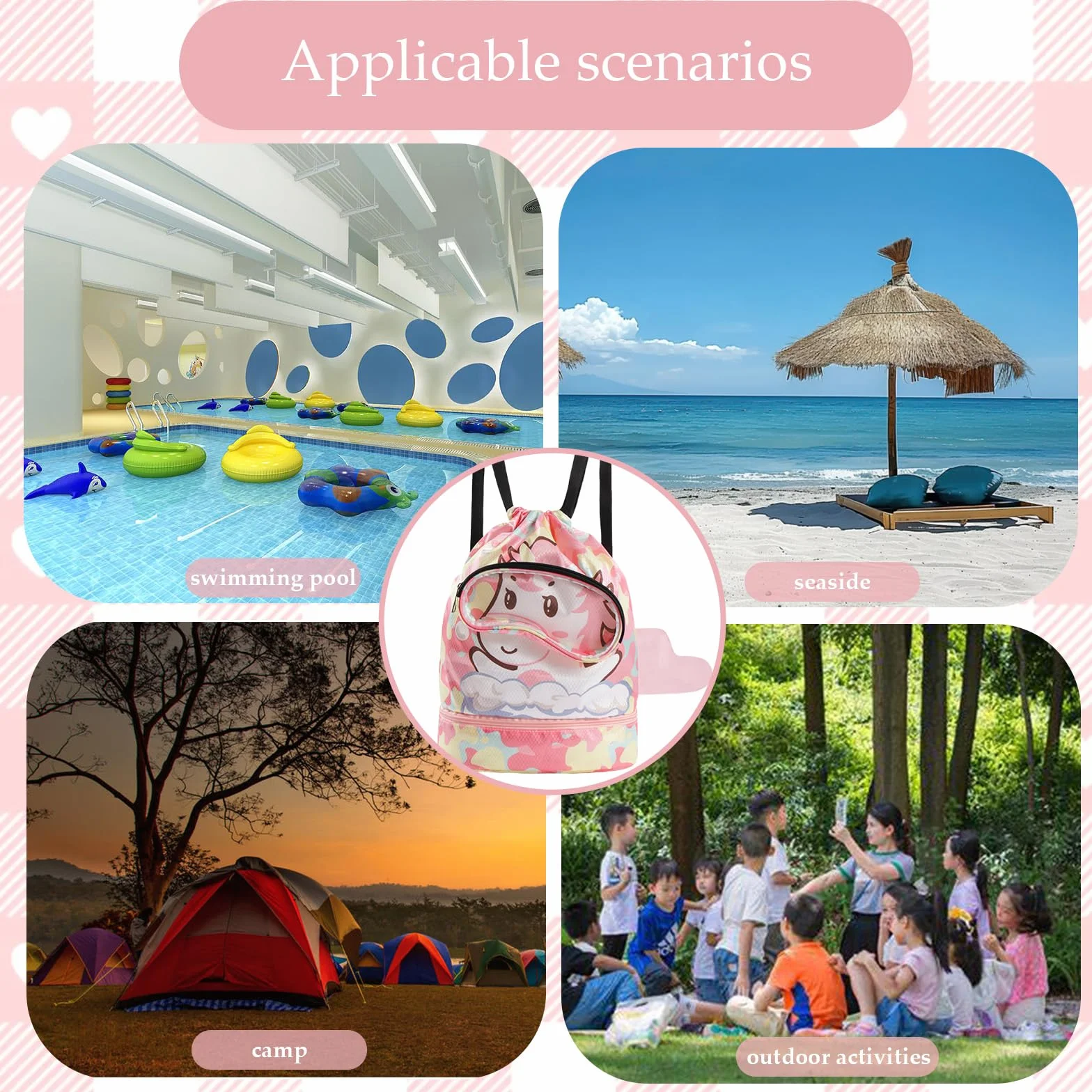 Sac Piscine Enfant avec Cordon, Séparation Sèche et Humide, Sac de Sport Réglable Rose