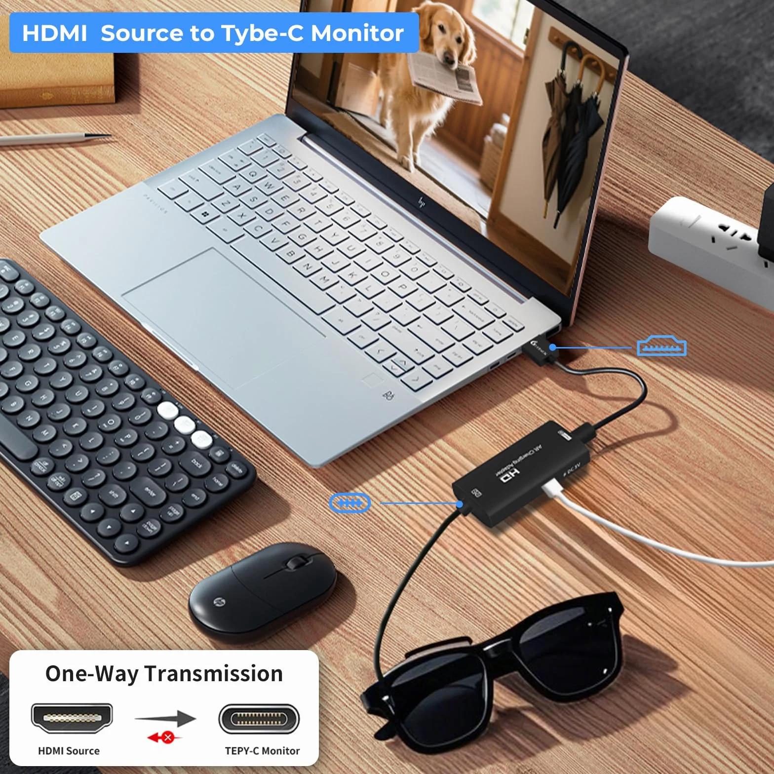 Guermok AR Glasses Adaptateur d'affichage HDMI vers USB-C, 1,5 m, 4K @ 60 Hz, convertisseur AR avec DC 5 V, pour X Real One/Air 2 Pro/Ray Neo/Rokid, Switch 2/1, PS 5/4, moniteurs Portables, Noir