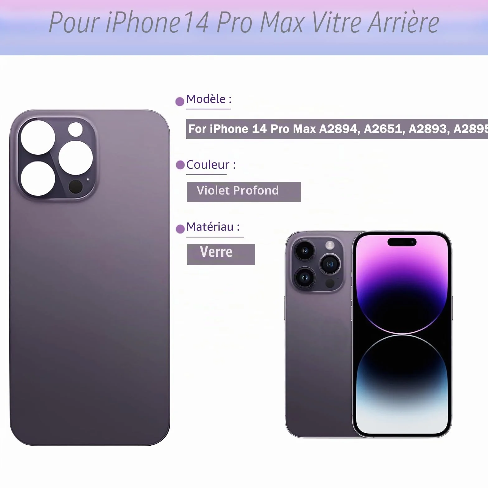 14 Pro Max Verre arrière de Rechange pour iPhone 14 Pro Max 6,7" avec kit d'outils Repar, Violet foncé