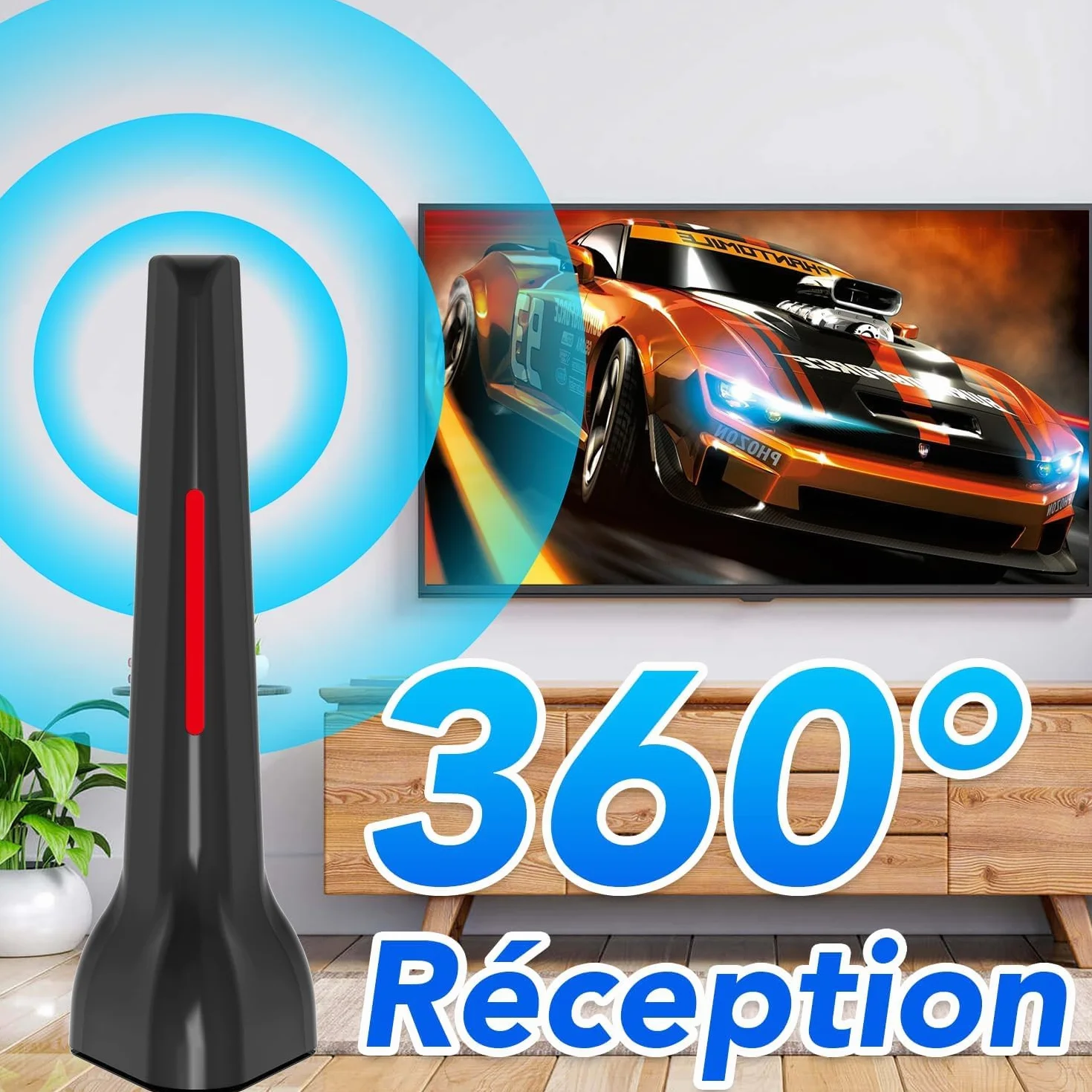 Antenne TV intérieur, Antenne TV Intérieur Puissante TNT HD 2026, Antennes TNT Intérieur Amplifiée pour Téléviseur Intelligent, Compatible DVB-T2 4K 1080P pour Chaînes Locales Gratuites (Rouge)
