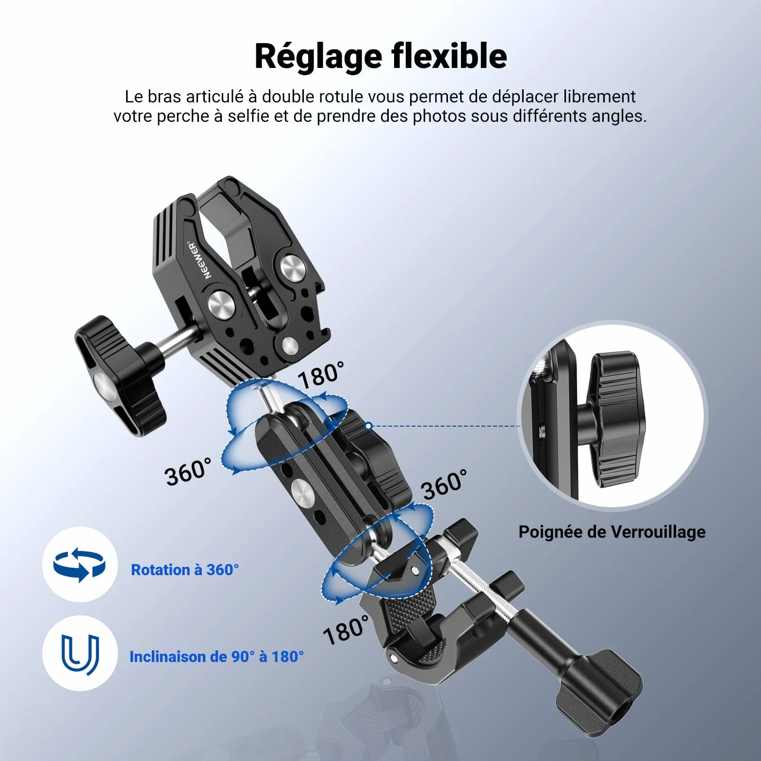 NEEWER Kit d'accessoires de montage de moto compatible avec GoPro Insta360 DJI, guidon de vélo invisible, support à double pince avec adaptateur de caméra d'action pour enregistrement vidéo POV, GP-30