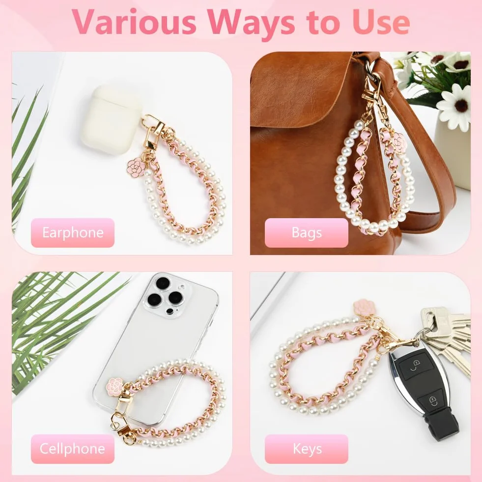 OFFCUP Dragonne de Téléphone, Perle Chaîne Téléphone Portable Charme, Anti-Perte Longe en Cuir Métallique avec Fleur, Bracelet Telephone 2 Patchs Arrière