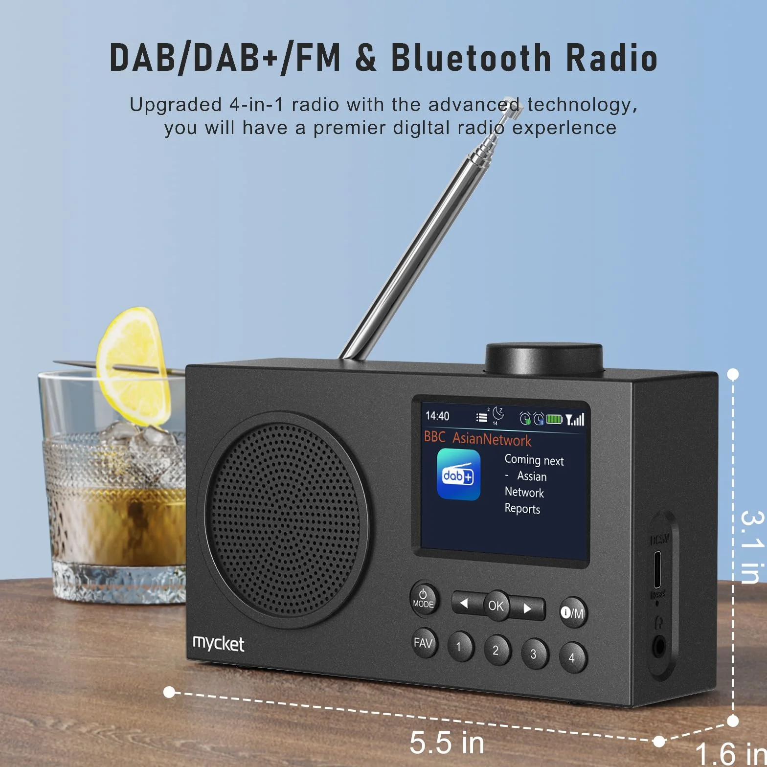 Mycket Portable DAB/DAB + Radio, FM Digital Radios avec 2025 Dernière Technologie de Récepteur de Signal, Radio Rechargeable avec Bluetooth 5.0,Double Réveil, 40 Préréglé, 2,4 "Grand Affichage Couleur
