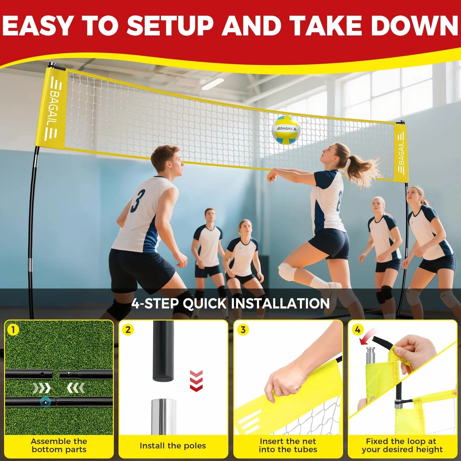 Filet de volley-ball portable 3,7 m/6,1 m réglable pour arrière-cour - Ensemble intérieur/extérieur avec sac de transport