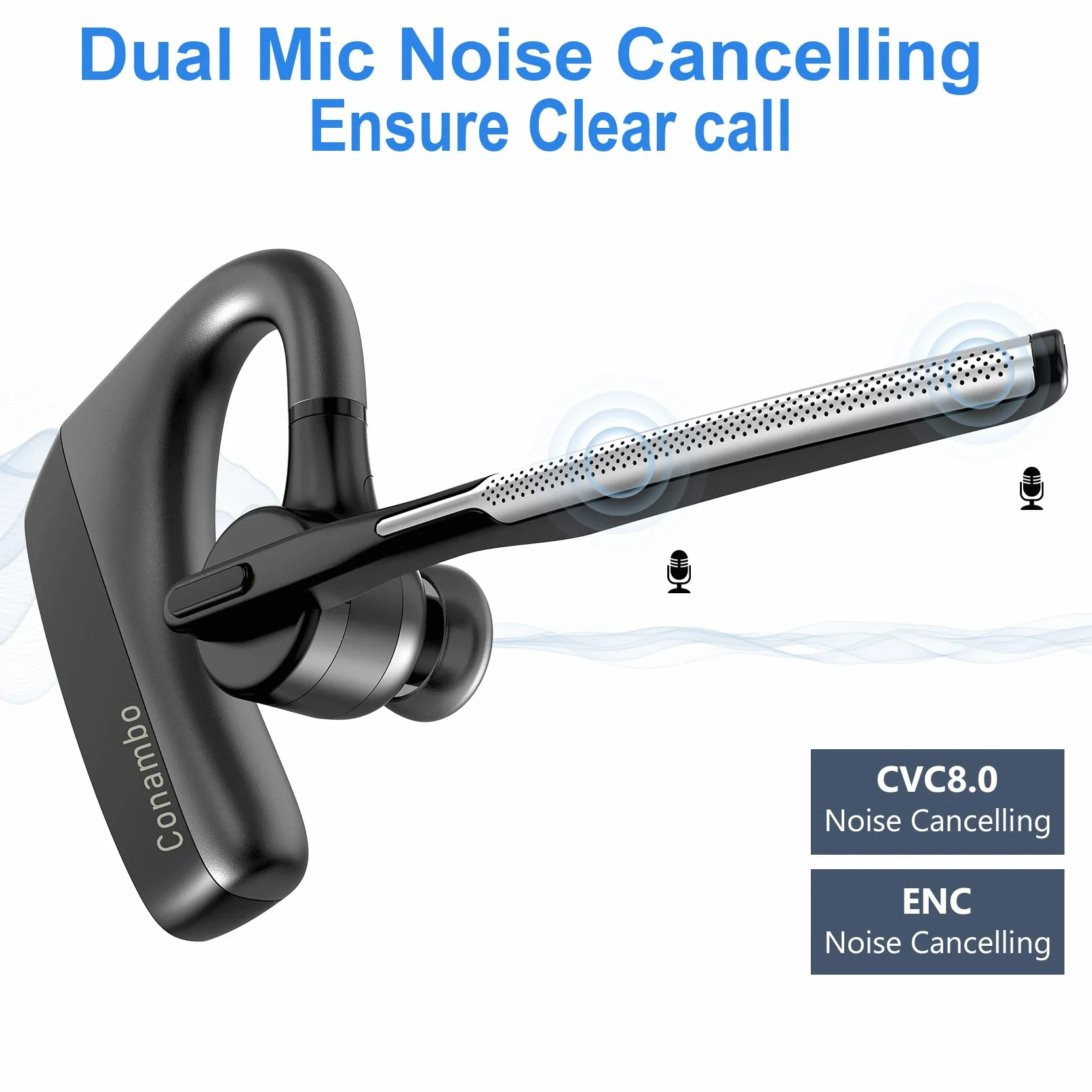 Oreillette Bluetooth V5.1,oreillette Bluetooth antibruit CVC8.0 Double Micro Mains Libres Confortable écouteur 240 Heures en Veille pour Samsung iPhone Affaires/entraînement/Conduite