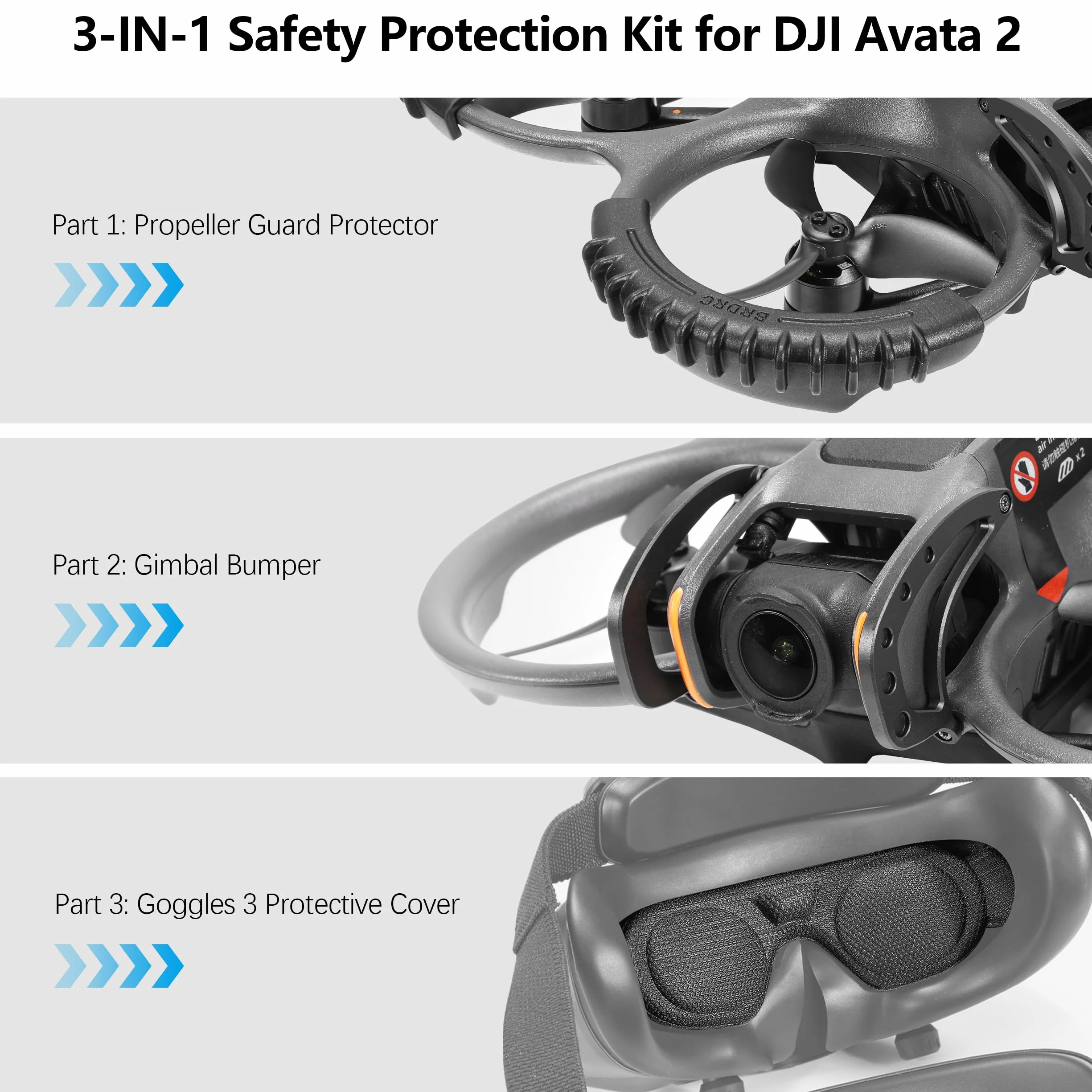 FPVtosky Kit d'accessoires 3 en 1 Avata 2, pare-chocs de cardan + protecteur d'hélice + housse de protection pour lunettes compatible avec drone DJI Avata 2 et lunettes