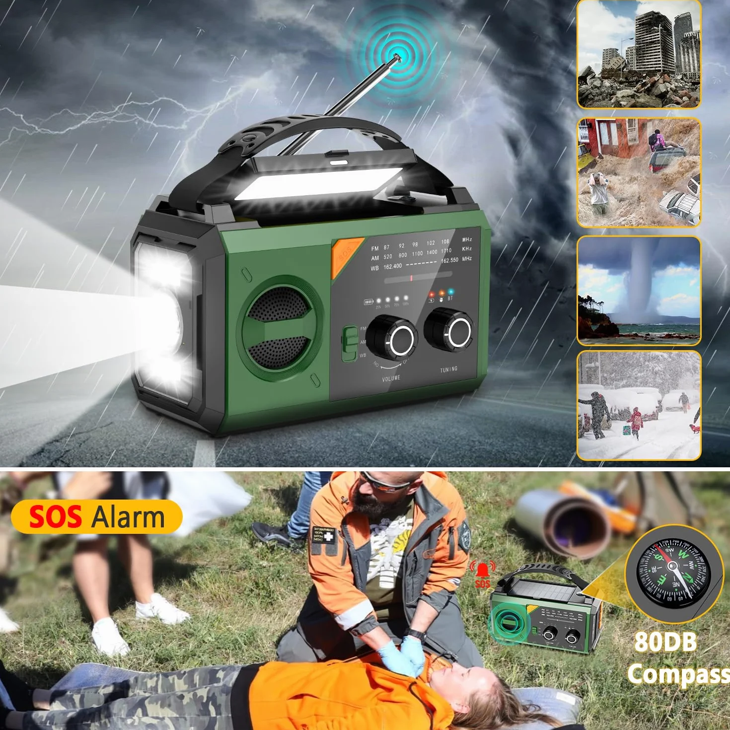 Radio d'Urgence à Manivelle 27000mAh Solaire AM/FM Portable Bluetooth Lampe de Poche SOS