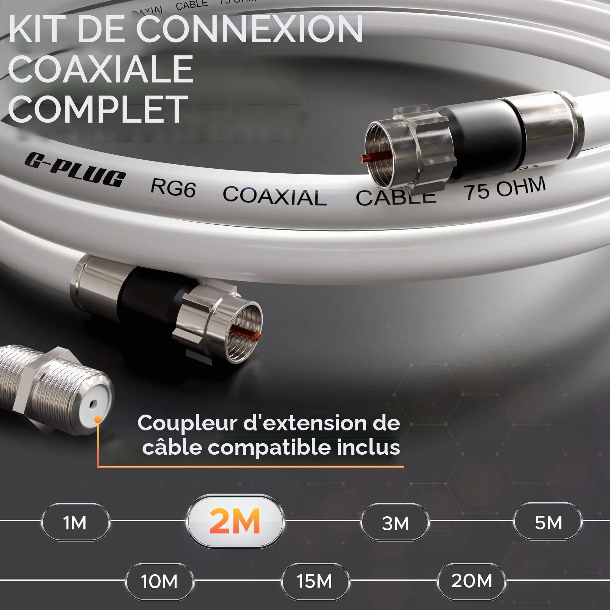 Câble Coaxial RG6 2m avec Connecteurs à Compression – Câble Antenne TV Numérique Satellite Rallonge Étanche Intérieur Extérieur