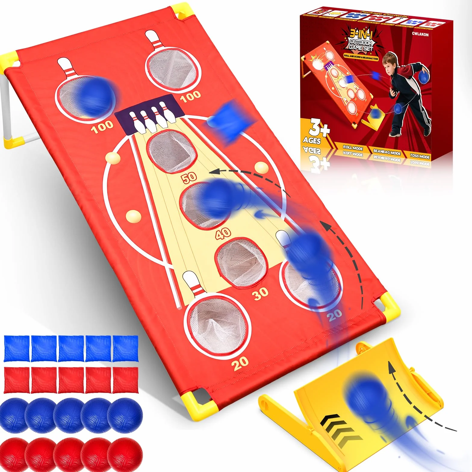 Jeu de Lancer 3 en 1 Cornhole, Lancer de Sacs & Balles, Arcade Roll and Score, Jeu d'Extérieur