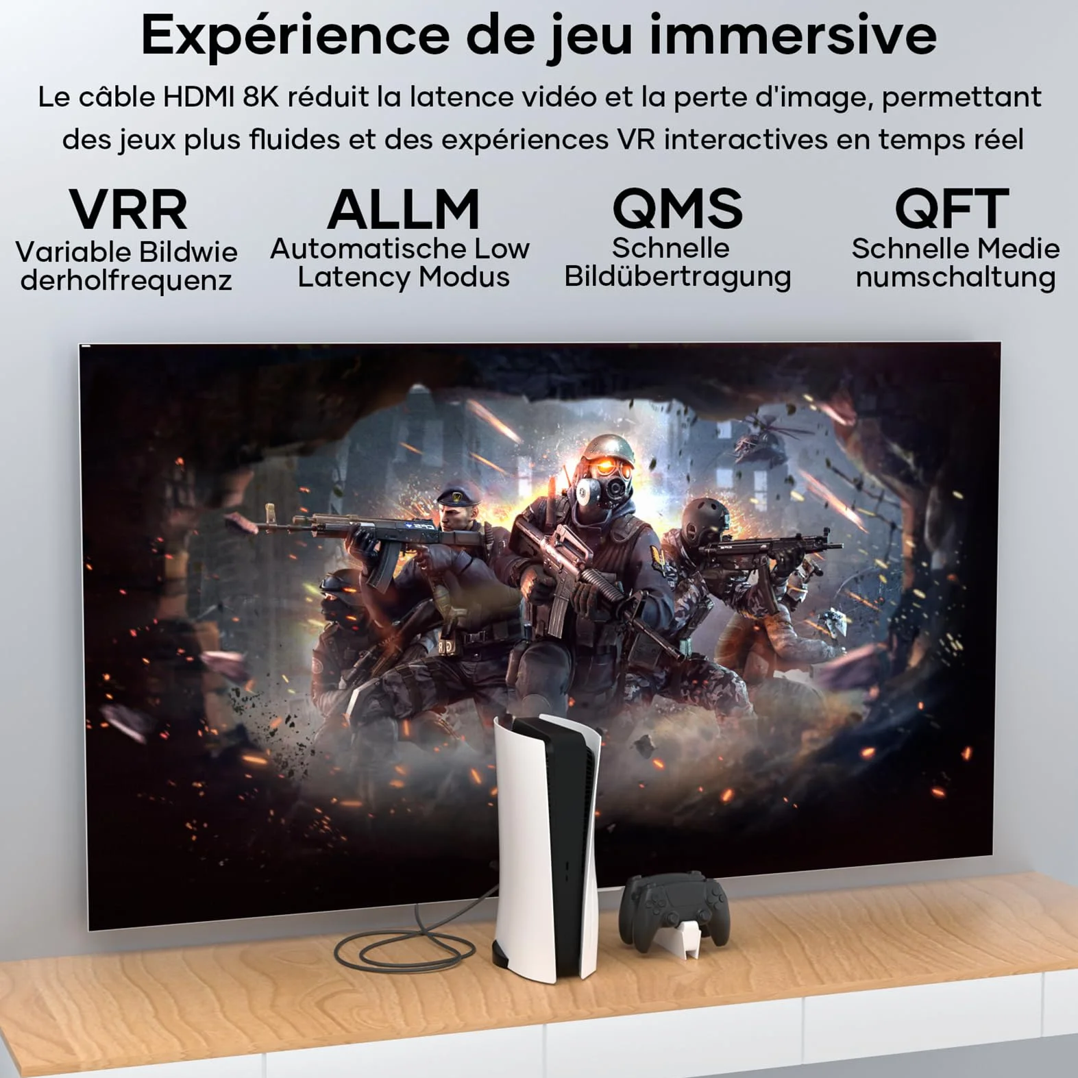 Câble HDMI 2.1 5Mètres 10K 8K Ultra Haute Vitesse 4K@120Hz HDR10 eARC HDCP 2.2 & 2.3 Compatible PS5 X-Box HDTV