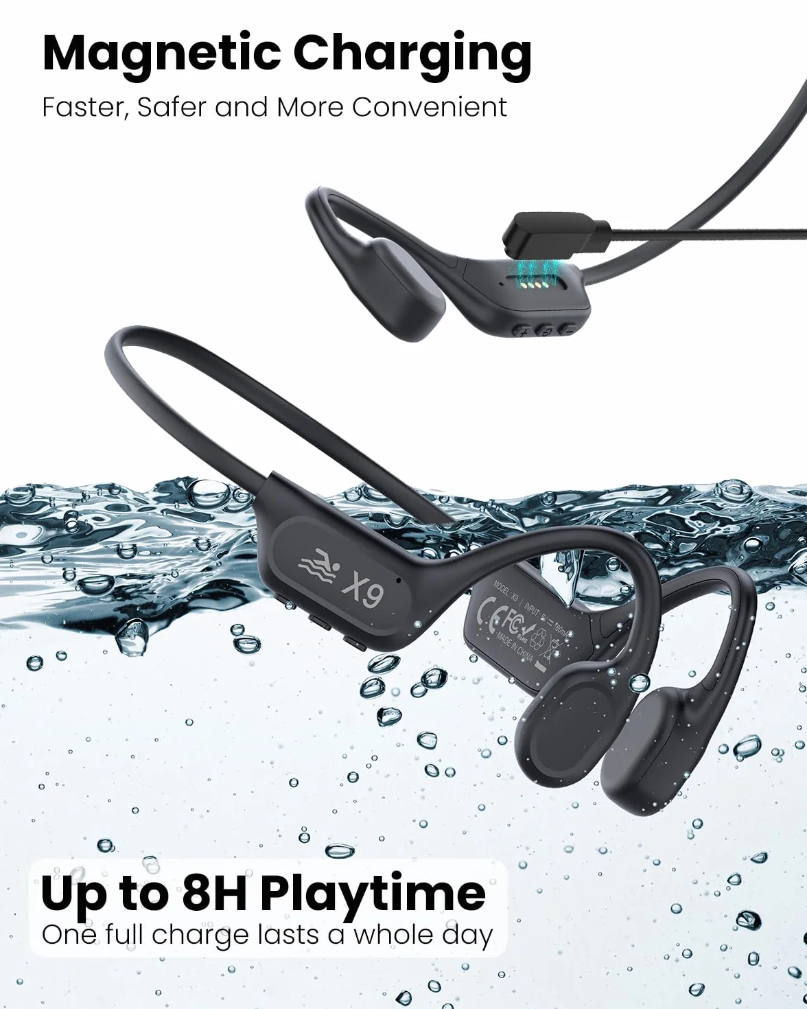 Casque de natation à conduction osseuse Bluetooth V6.0 IP68 MP3 32 Go Noir