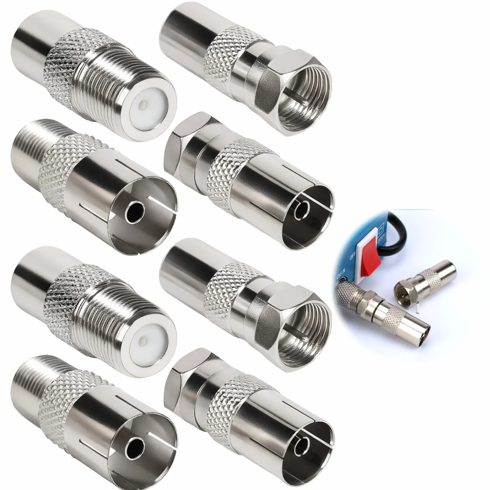 8 PCS Connecteurs Antenne TV Mâle/Femelle Kit, Adaptateur Antenne TV pour Câble SAT, Adaptateur Prise Multimédia, Raccord AntenneTV, Connecteur Coaxial Durable, Embout AntenneTV