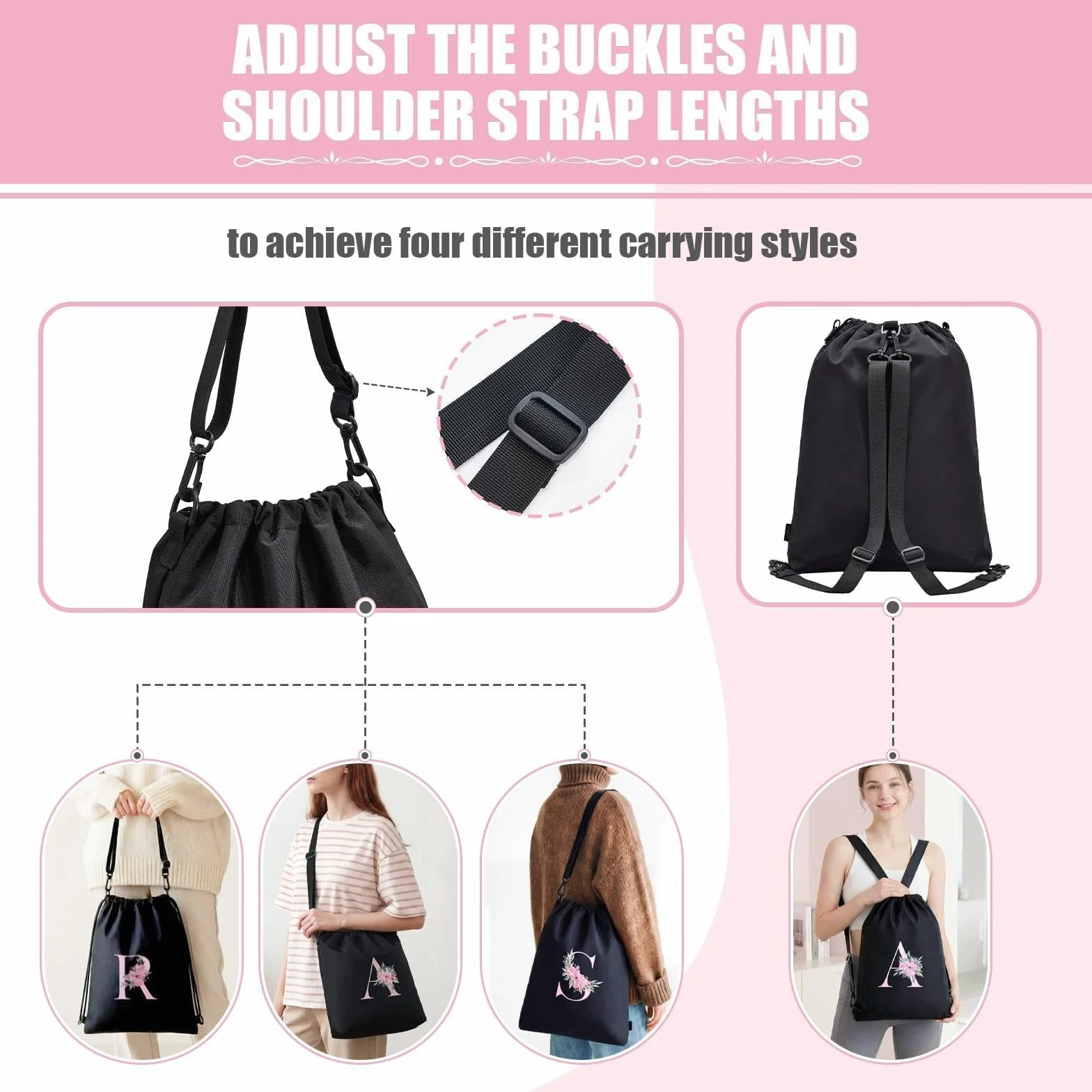 Sac à dos personnalisable imperméable 4 en 1 avec initiale florale, Noir, L