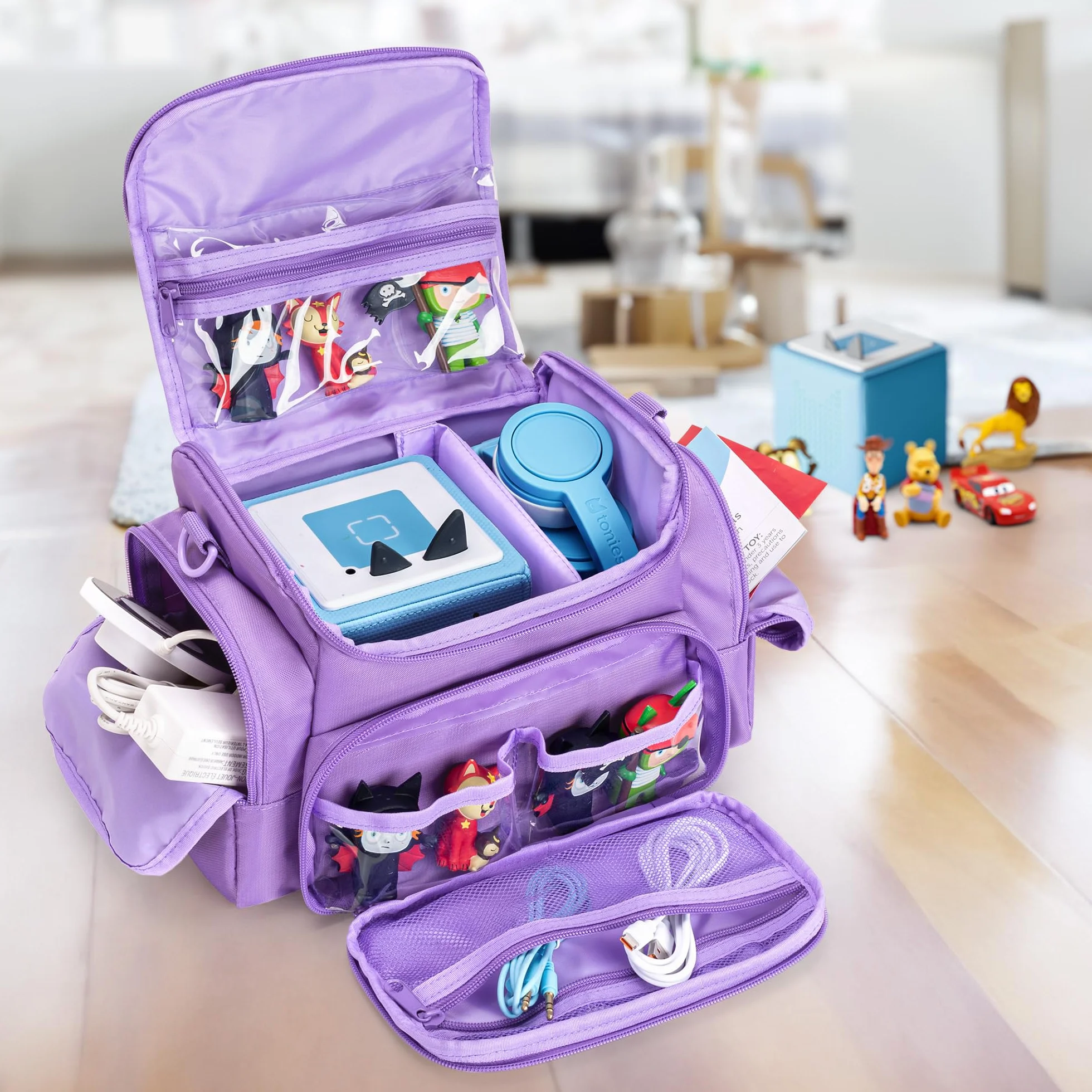 LoDrid Étui de Voyage Compatible avec Toniebox 2/1, étui de Transport pour Lecteur Audio avec bandoulière et poignée, Sac de Rangement avec Plusieurs Poches pour Accessoires, Violet, Sac Uniquement
