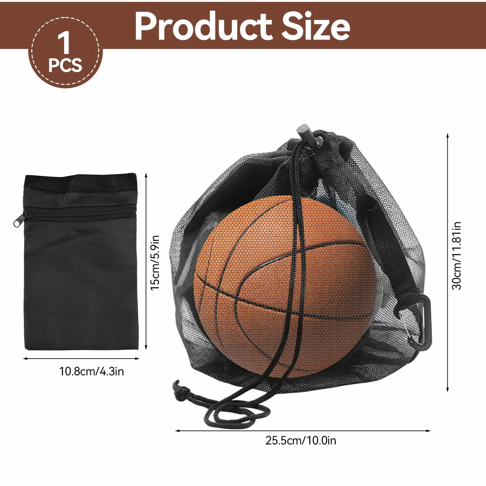 Sac à Ballon Filet avec Cordon de Serrage et Mousqueton Poche Zippée pour Basket-Ball Football Volleyball