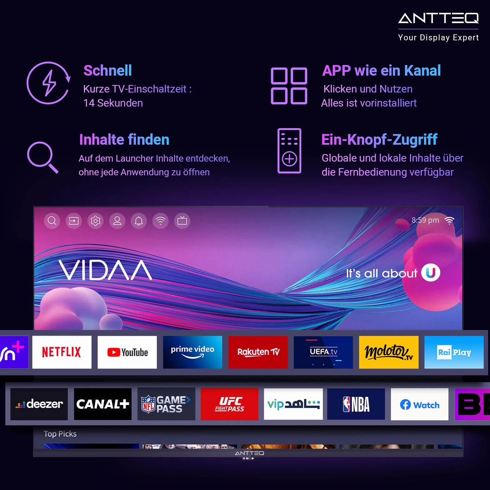 Antteq V25-AF3Q1 Smart TV 25 Pouces (64cm) Full HD,Vidaa OS Télévision avec Triple Tuner Appli Mobile,APP Store,Netflix/DAZN/WiFi, HDMI