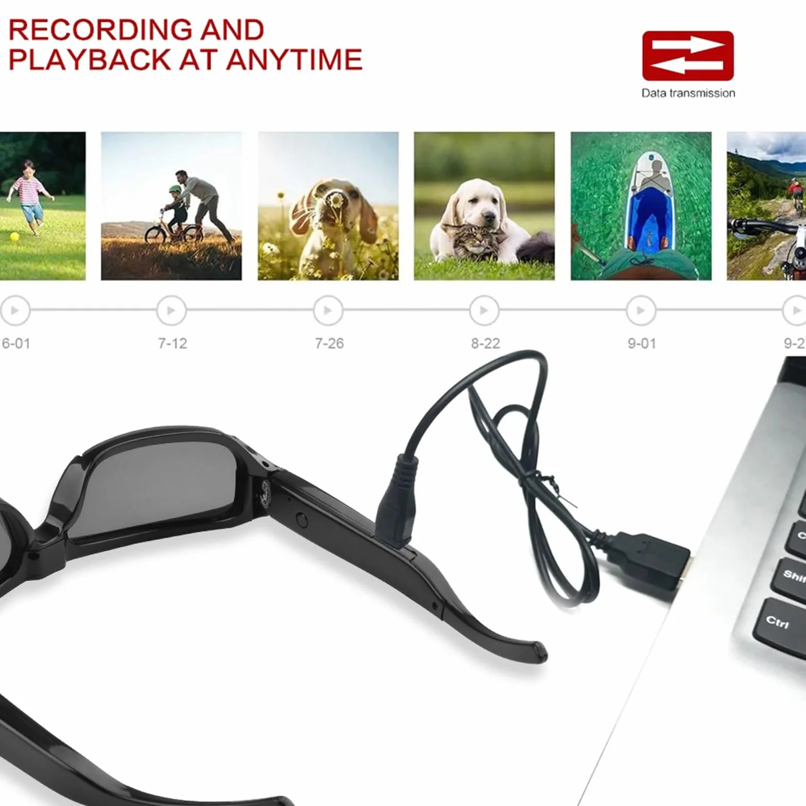 Zunate Lunettes de Soleil avec Caméra 1080P, Lunettes de Caméra d'action de Sport avec Objectif Grand Angle, Photo en Un Seul, Vidéo Double, pour Les Voyages à Vélo