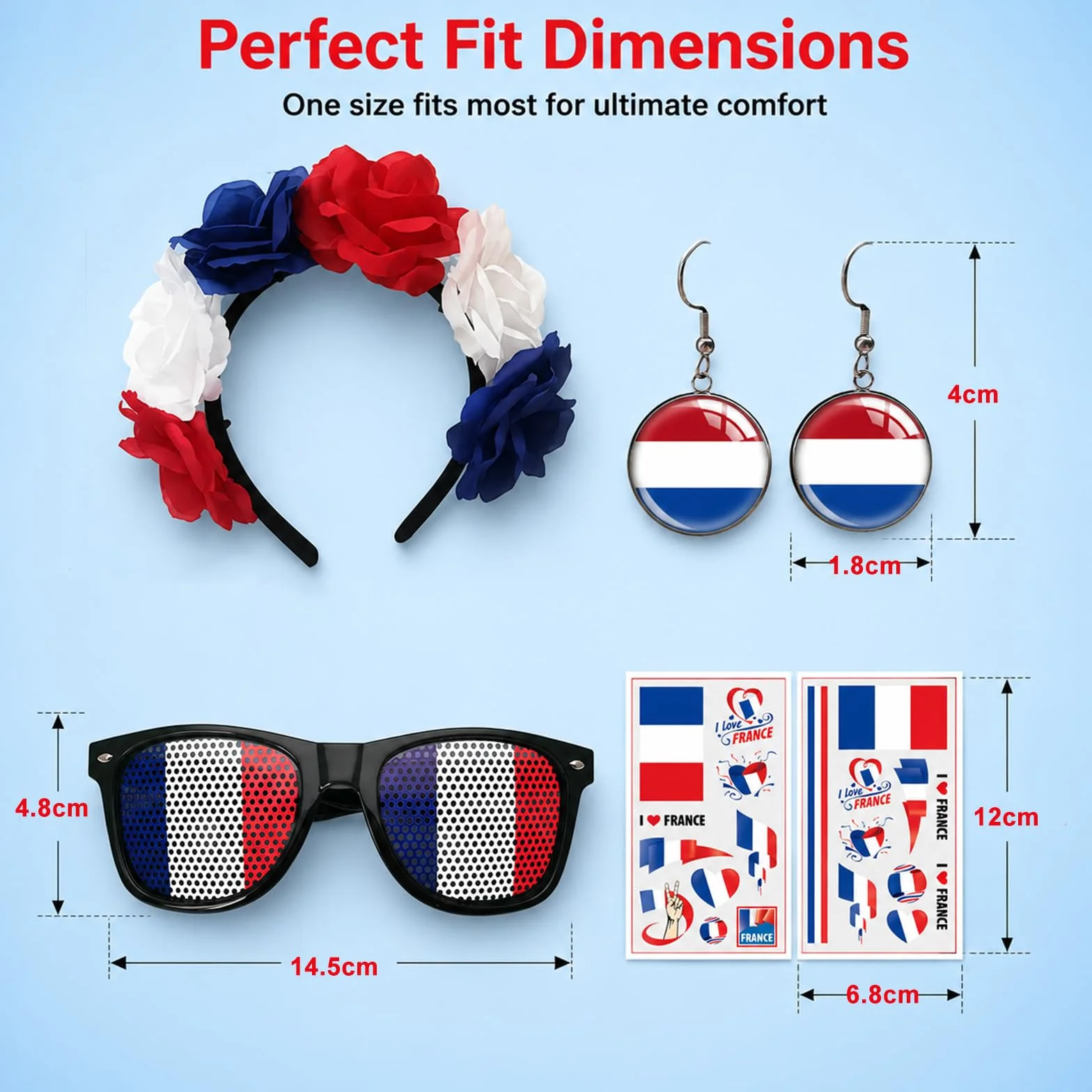 Set d'articles pour supporters français femmes Bleu-Blanc-Rouge - Serre-tête, boucles d'oreilles, lunettes de soleil & tatouages