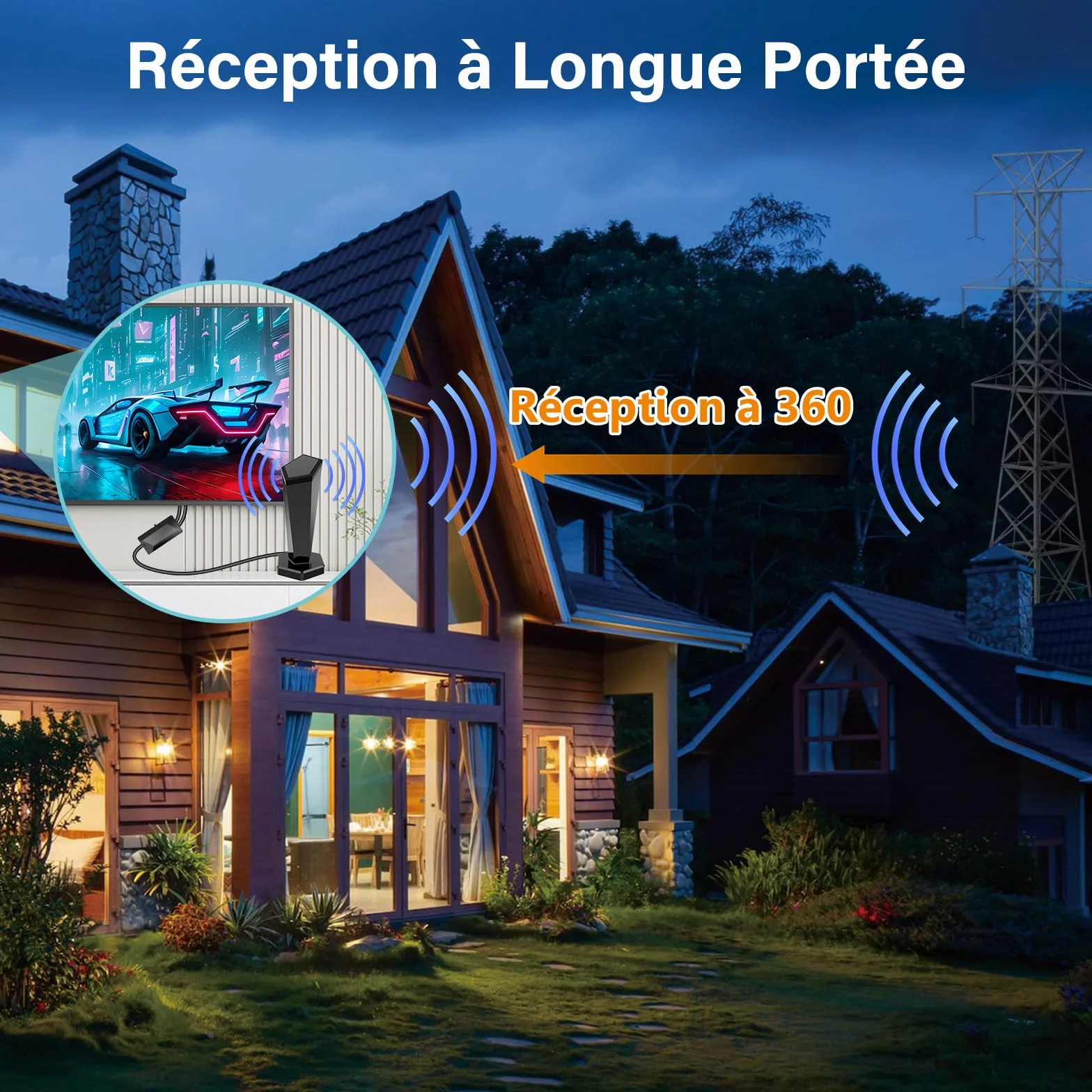 Antenne TV Intérieure Puissante, Antenne TNT Intérieure avec Amplificateur de Signal Intelligent,Réception 360° Longue Portée 500km,Compatible Smart TV 1080P 4K DVB-T/DVB-T2