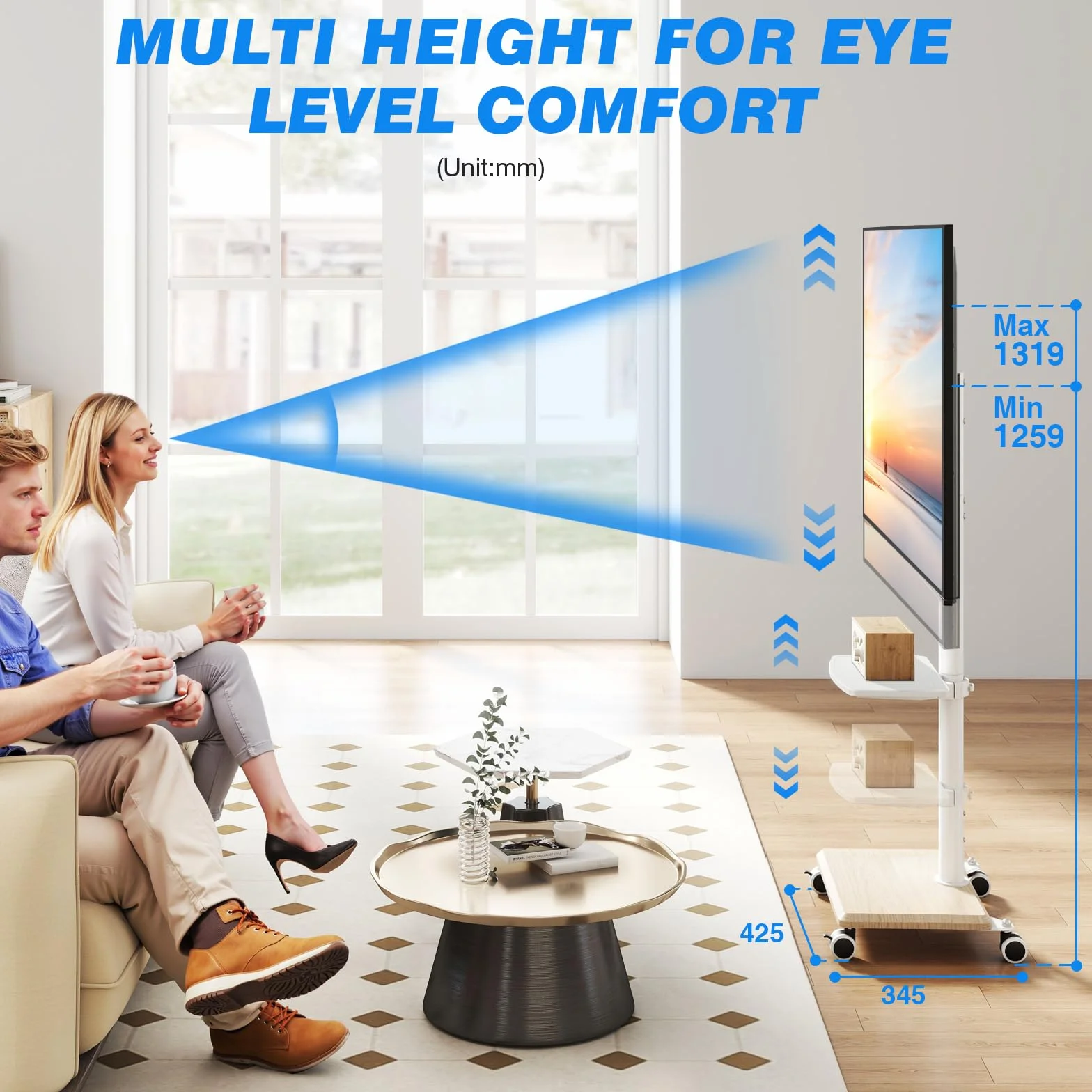 5Rcom Support TV roulettes Blanc Pied TV pour Télé de 27-55 Pouces, Réglable en Hauteur et Pivotant Support TV sur Pied avec roulettes Meuble Support TVs avec Base en Bois VESA Max 400x400mm Max 30kg