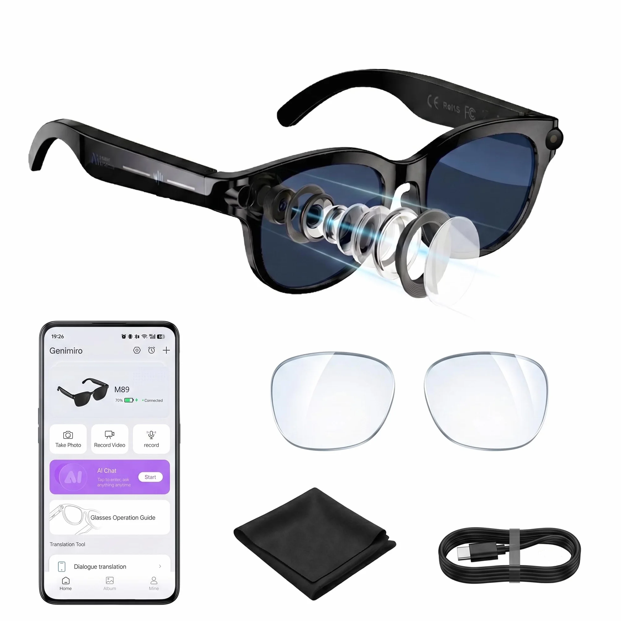 AI Lunettes connectées avec caméra HD, Assistant Vocal IA intégrant ChatGPT, Reconnaissance vocale IA, Traduction en Temps réel, Audio à Oreille Ouverte, Enregistrement vidéo, appels Bluetooth