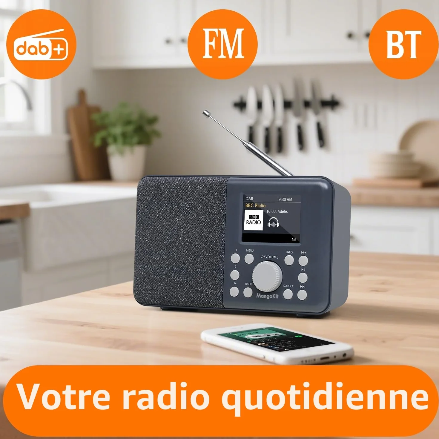 MD3 Radio Numérique Portable Dab/Dab+ et FM, Haut-Parleur Bluetooth, 40 Stations préréglées, alarmes et Horloge, Fonction Snooze, écran Couleur, Alimentation sur Piles ou sur Secteur-Charbon