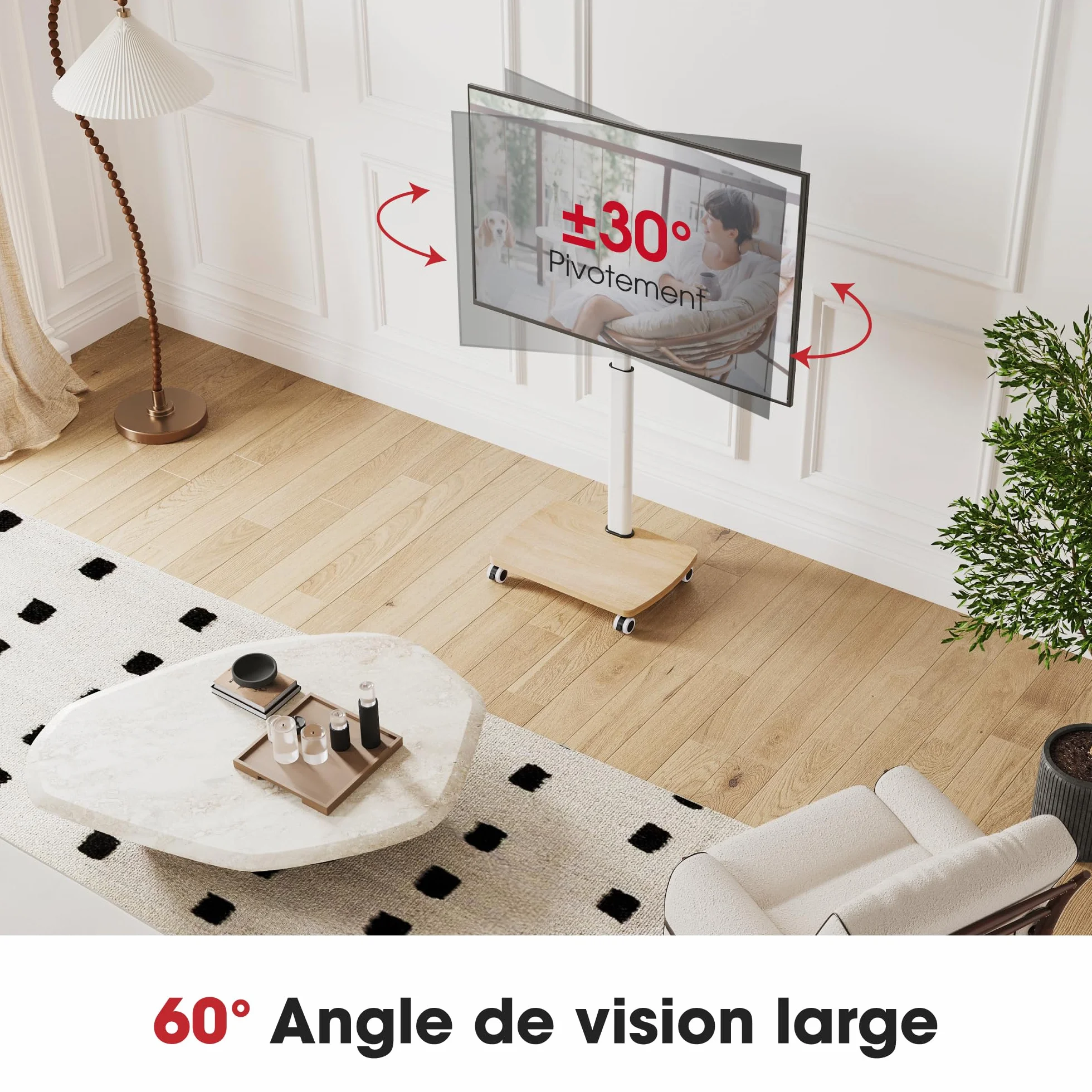 AOKCOS Support TV roulettes pour TV de 32-65 Pouces - Support TV sur Pied Plus Haut 1240 MM-1420 MM Pivotant 60° Inclinaison 12° jusqu'à 40 KG Max. VESA 400x400mm