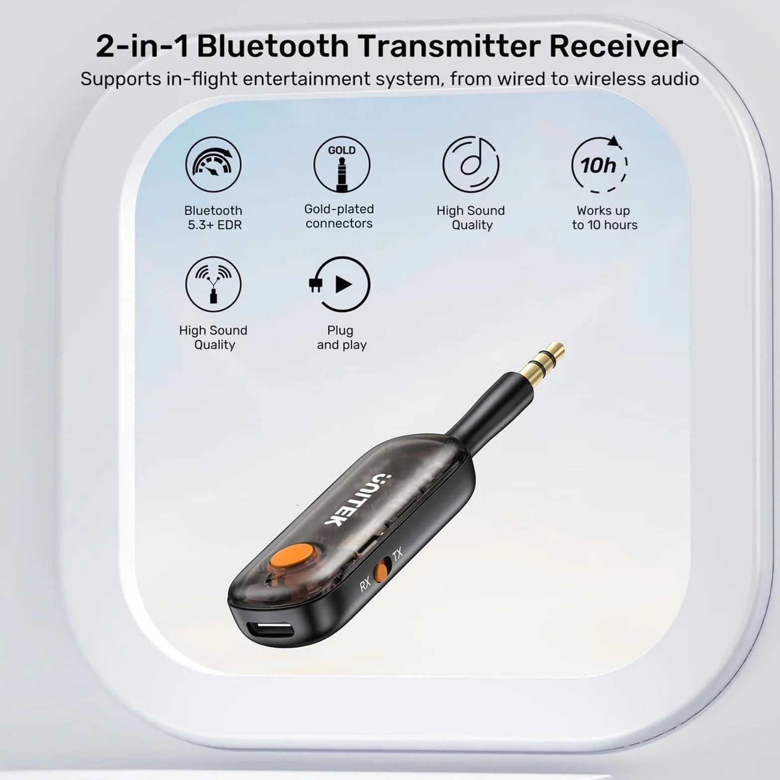 UNITEK Emetteur/Récepteur Audio Bluetooth sur Batterie (10h) ou sur Secteur - Jack 3.5mm