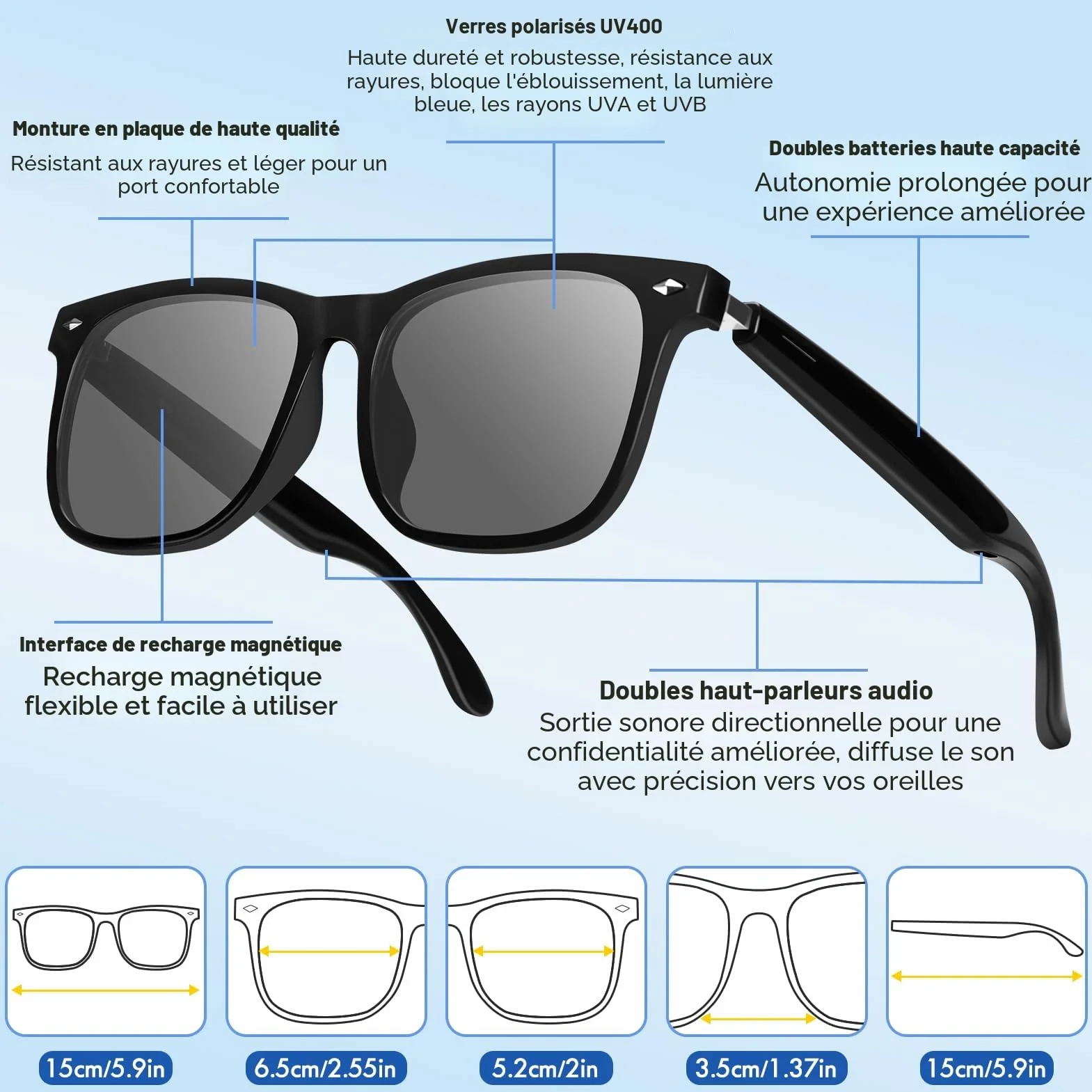 Lunettes intelligentes Bluetooth avec haut-parleur, 115 langues, traduction en temps réel, protection UV, verres polarisés, pour homme et femme, jeux, réunions, voyages