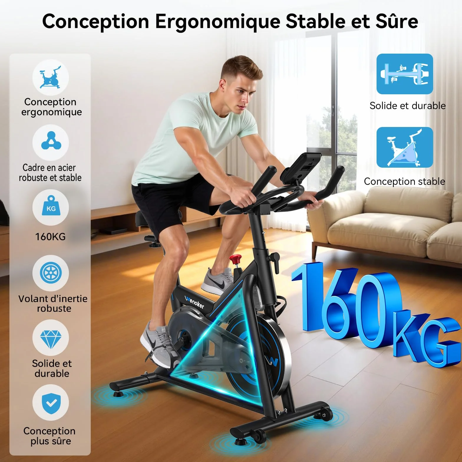 Wenoker Vélo d'Appartement avec APP, Résistance Magnétique Réglable, écran LCD, Capacité Max 160 kg