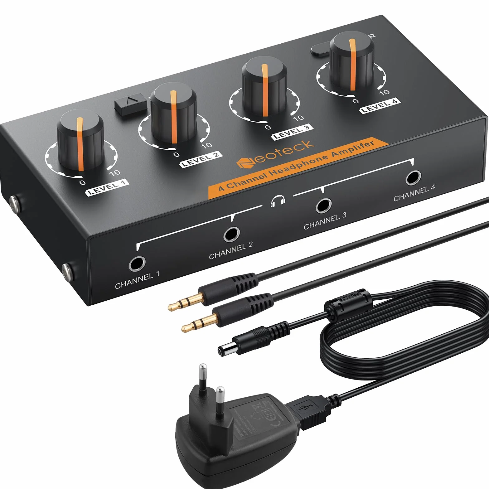 Neoteck Amplificateur de Casque Stéréo à 4 Canaux avec Commandes de Volume Amplificateur Audio en Métal Mono/Stéréo à 4 Canaux avec Câble Audio de 3,5 Mm pour Petits Groupes Club Bar Stage Mixer