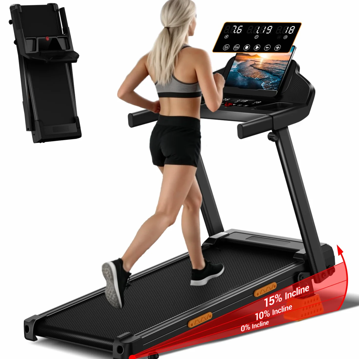 LONTEK Tapis de Course Pliable Inclinable 15% 12KM/H Moteur 3,0 CV Charge Max 136KG
