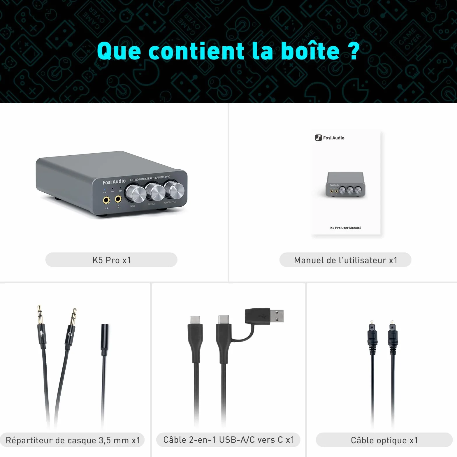 Fosi Audio K5 Pro Amplificateur Casque USB C DAC HiFi, Entrées USB/Optique/Coaxiale/Microphone vers Sortie AUX/RCA 3,5 mm, Ampli DAC de jeu Haute Résolution pour PS5/PC/MAC/Haut-Parleurs Actifs
