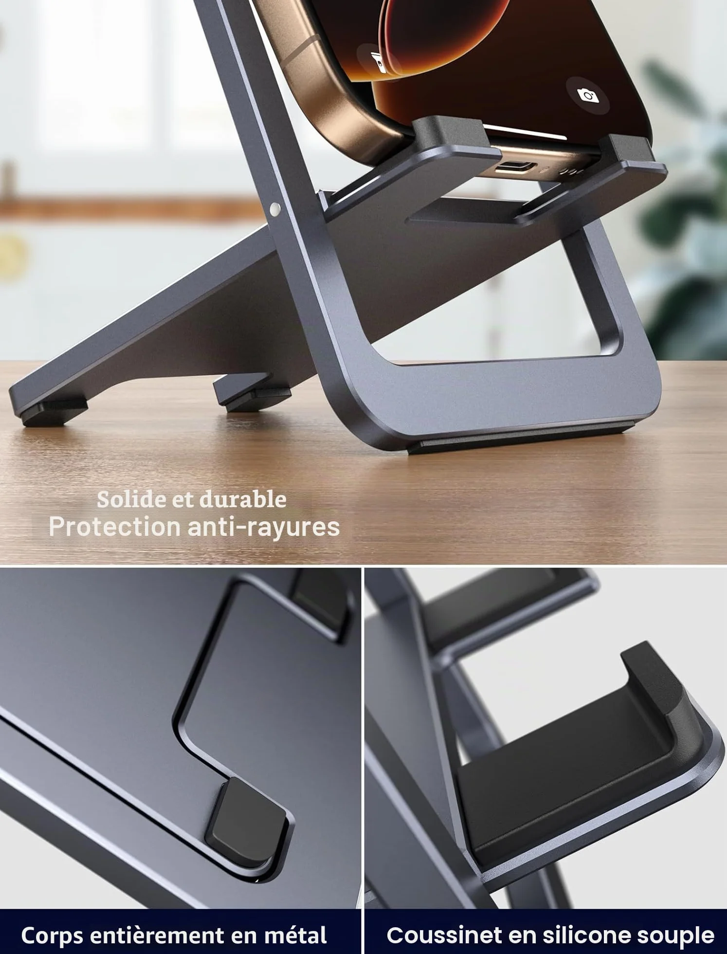 JSAUX Support Téléphone Portable Pliable en Aluminium Ajustable pour iPhone 16 15 14 13 Pro Max Samsung S24 S23 Ultra A53 Kindle Gris