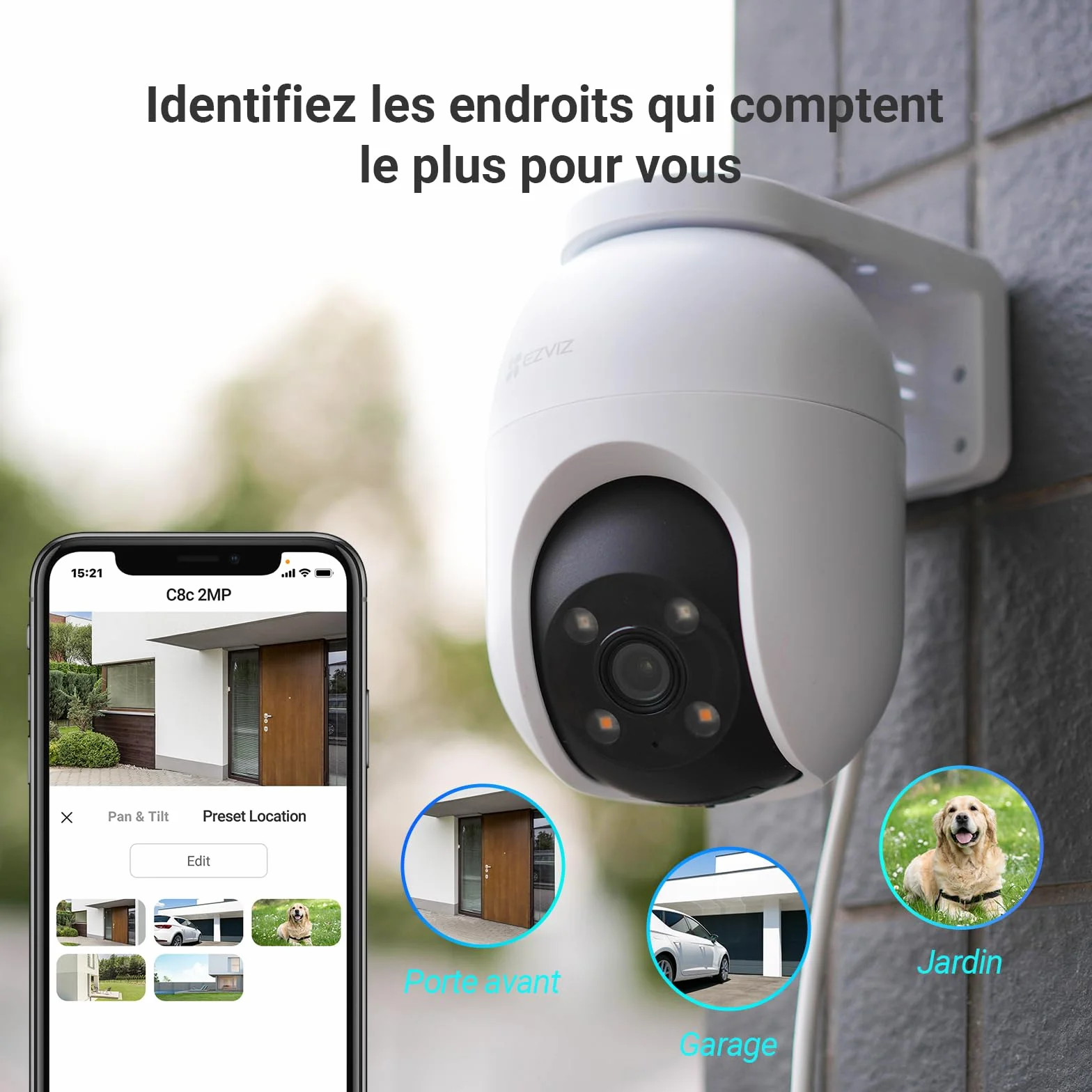 EZVIZ C8c 2MP Camera Surveillance WiFi Extérieure à 360° avec Suivi Auto-Zoom, Détection de Forme Humaine, Vision Nocturne en Couleur, Audio Bidirectionnel, IP65 Etanche, Défense Active