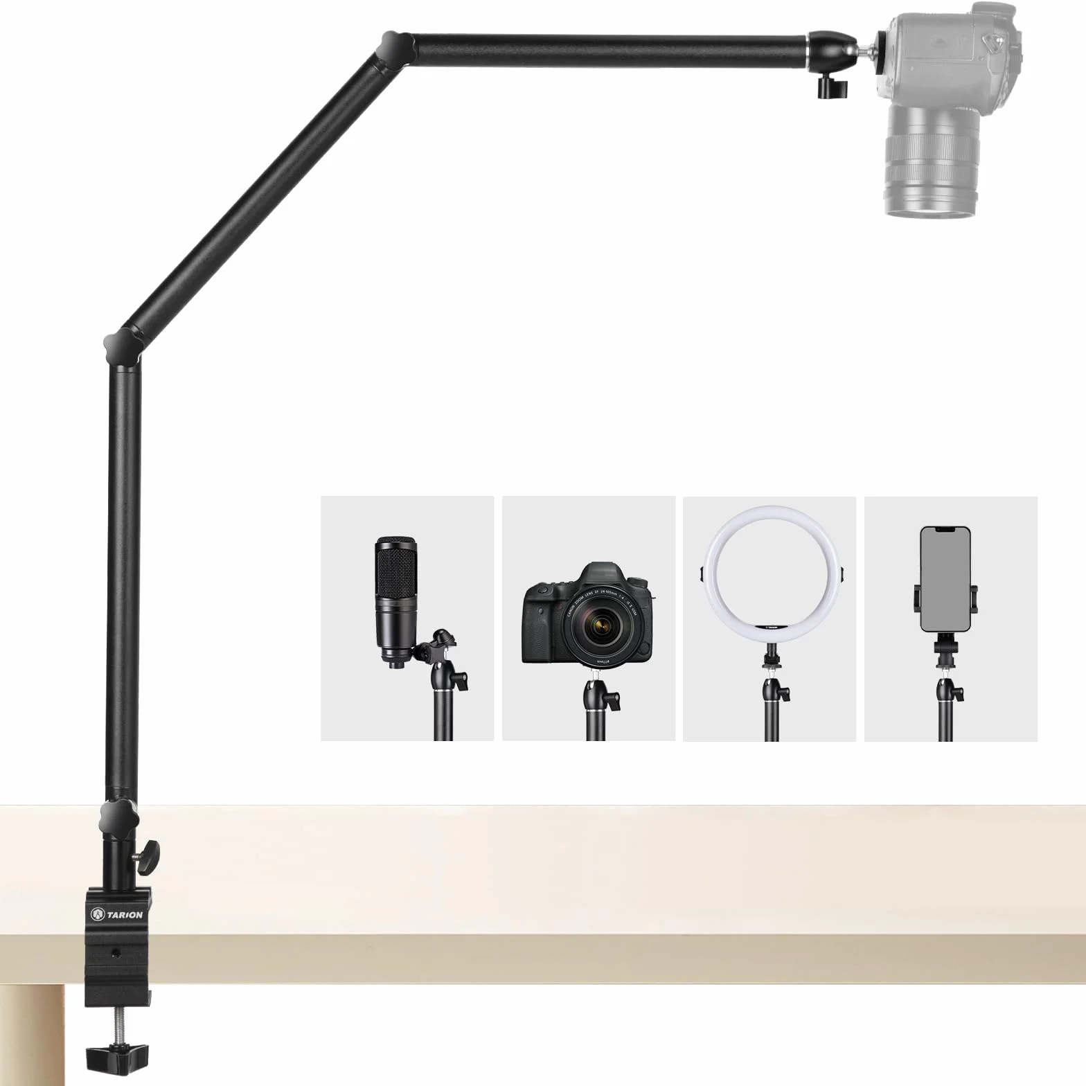 TARION Support de Bureau pour Appareil Photo trépied aérien Bras articulé Flexible à 360° avec vis 3/8' et vis 3/8' à 1/4' Reflex numériques Projecteur Ring Light TKB01