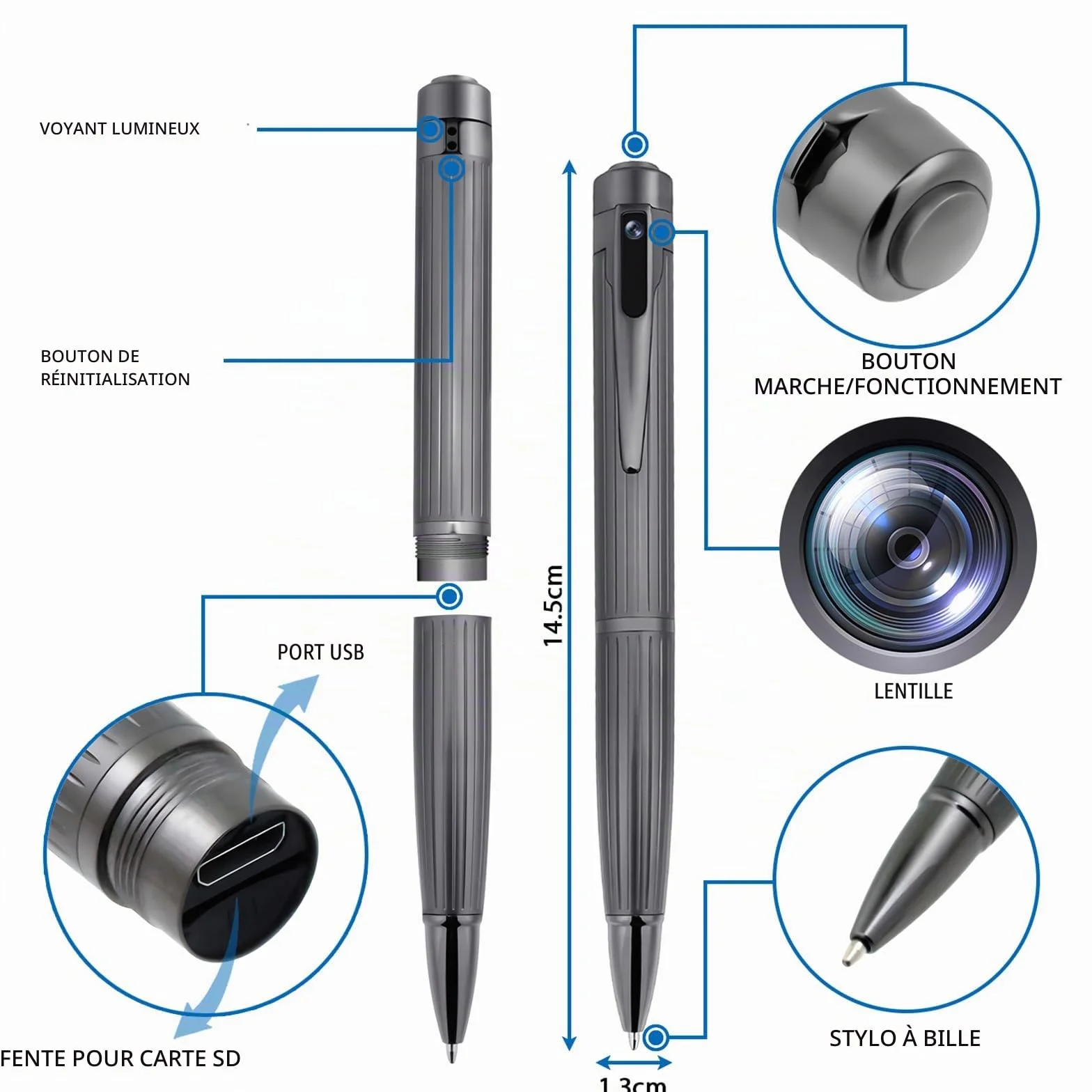 OTADUG Caméra Stylo Espion, caméra cachée 1080P de 16 Go avec Surveillance des mouvements, Enregistrement vidéo et Audio